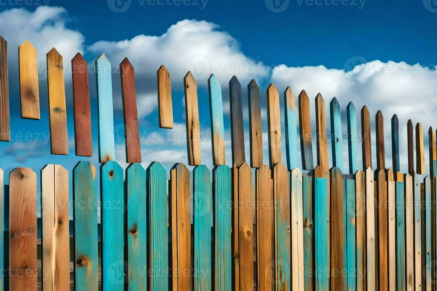 a wooden fence with colorful wooden pickets. AI-Generated photo