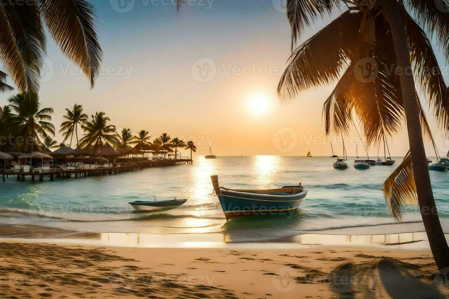 a boat sits on the beach at sunset. AI-Generated photo