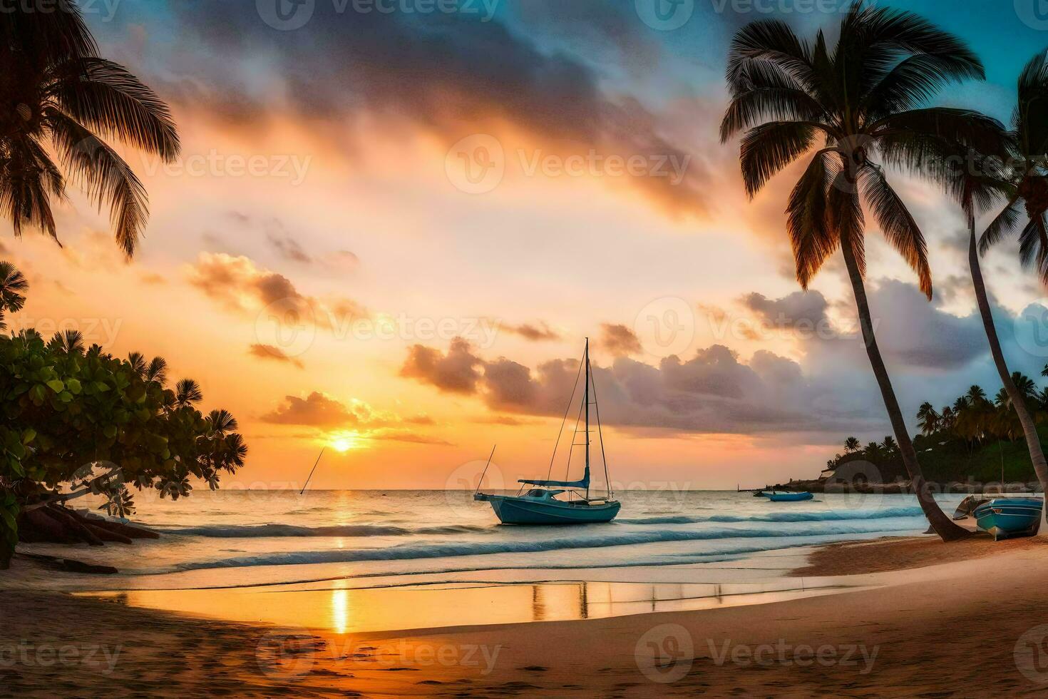 un barco se sienta en el playa a puesta de sol. generado por ai foto