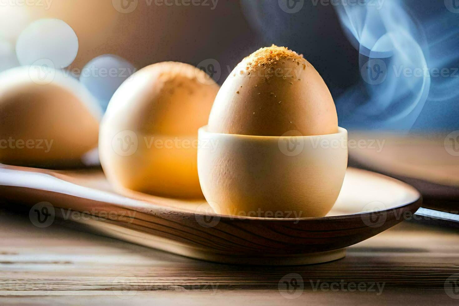 three eggs in an egg cup on a wooden table. AI-Generated photo