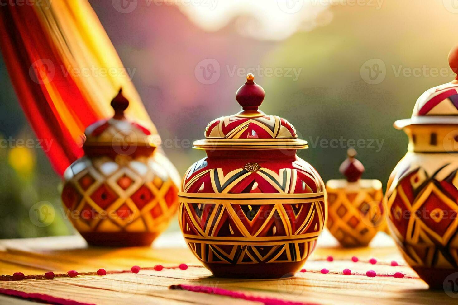 indian pottery on a wooden table. AI-Generated photo