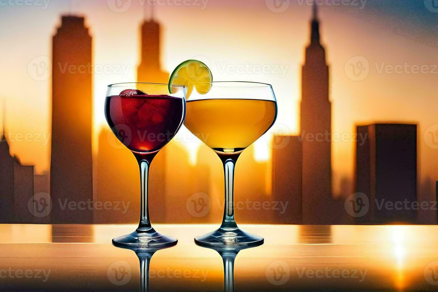 two glasses of wine with a sunset in the background. AI-Generated photo