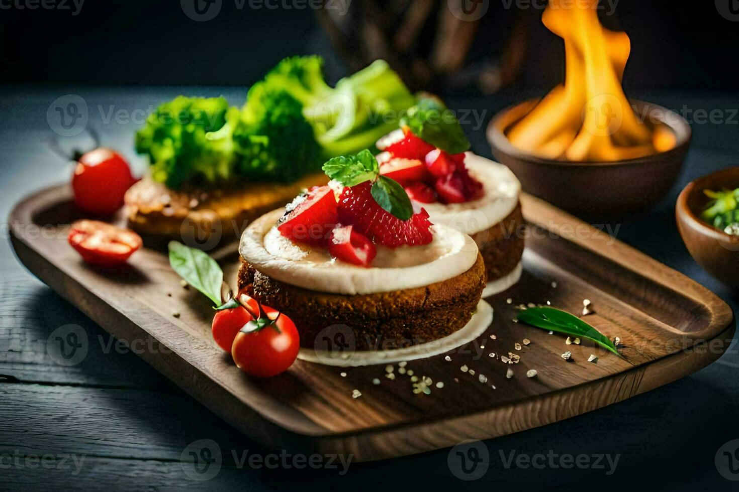 a plate with two cakes and vegetables. AI-Generated photo