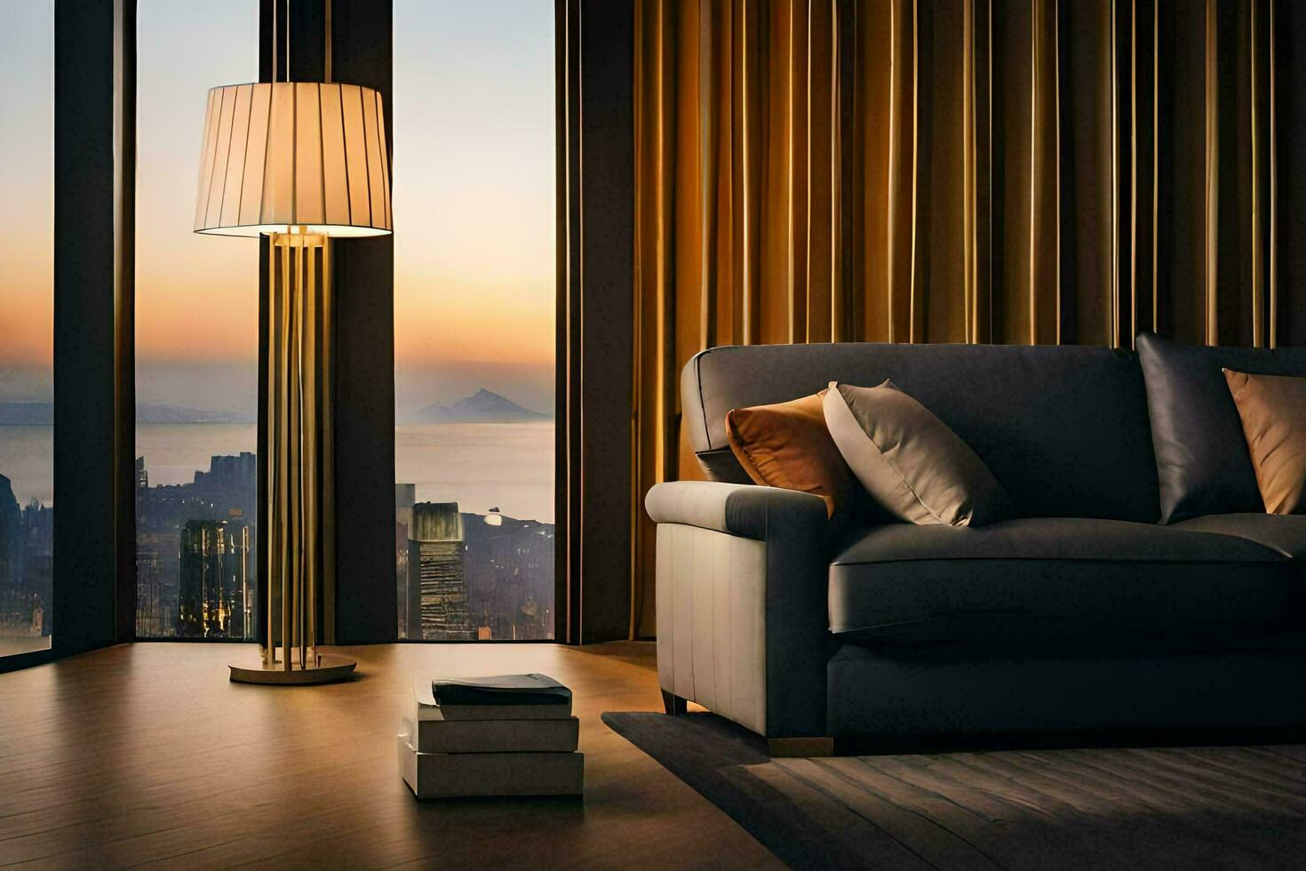a living room with a couch and lamp. AI-Generated photo