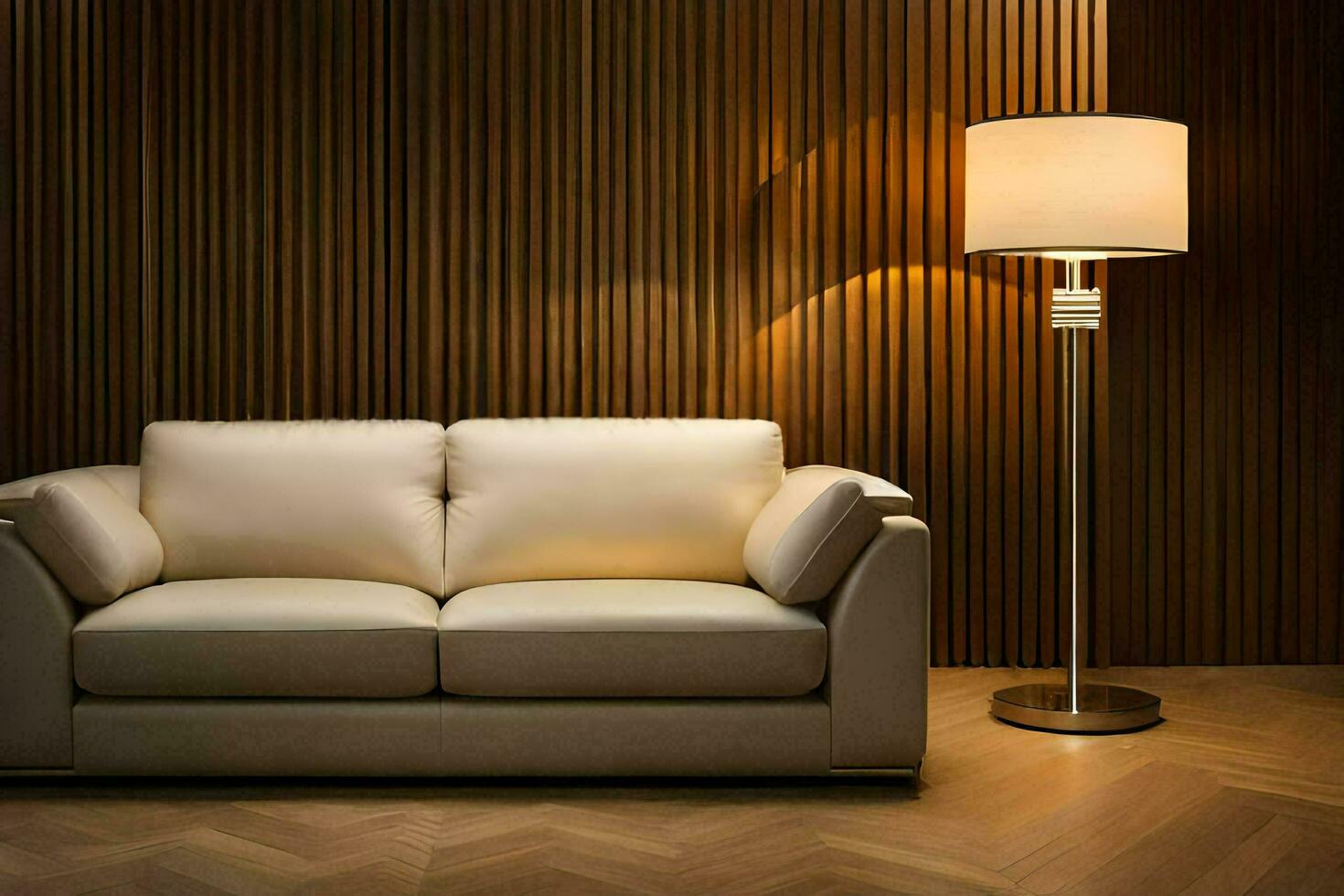 a modern living room with a couch and lamp. AI-Generated photo