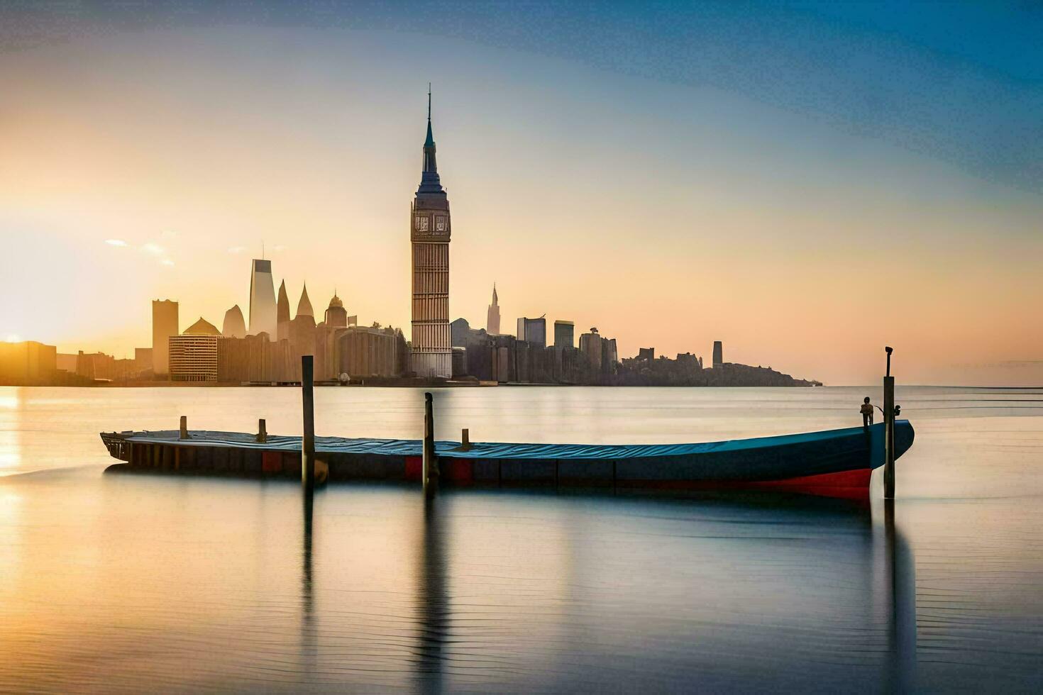 un barco se sienta en el agua cerca un ciudad horizonte. generado por ai foto