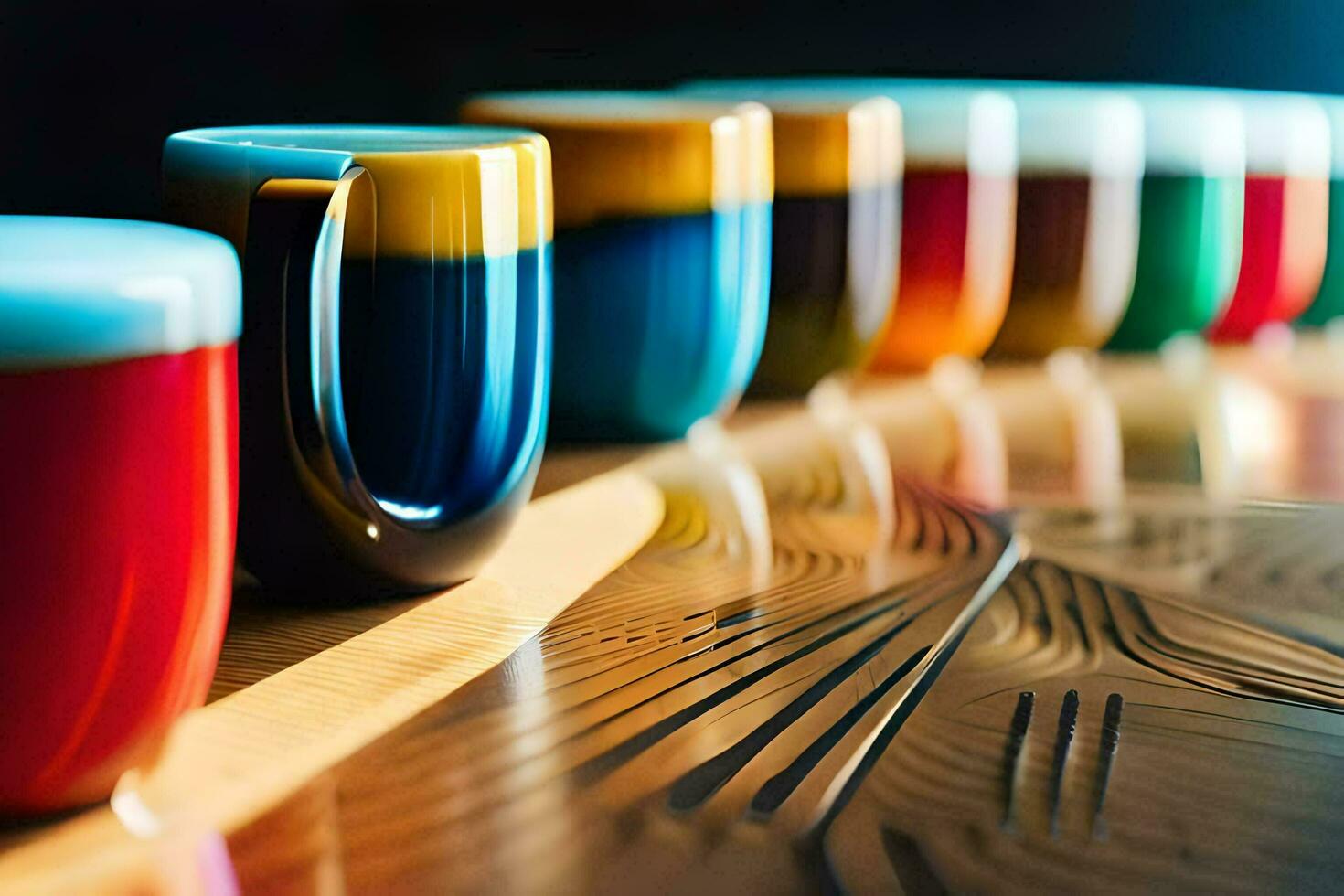 a row of colorful coffee cups lined up on a table. AI-Generated photo