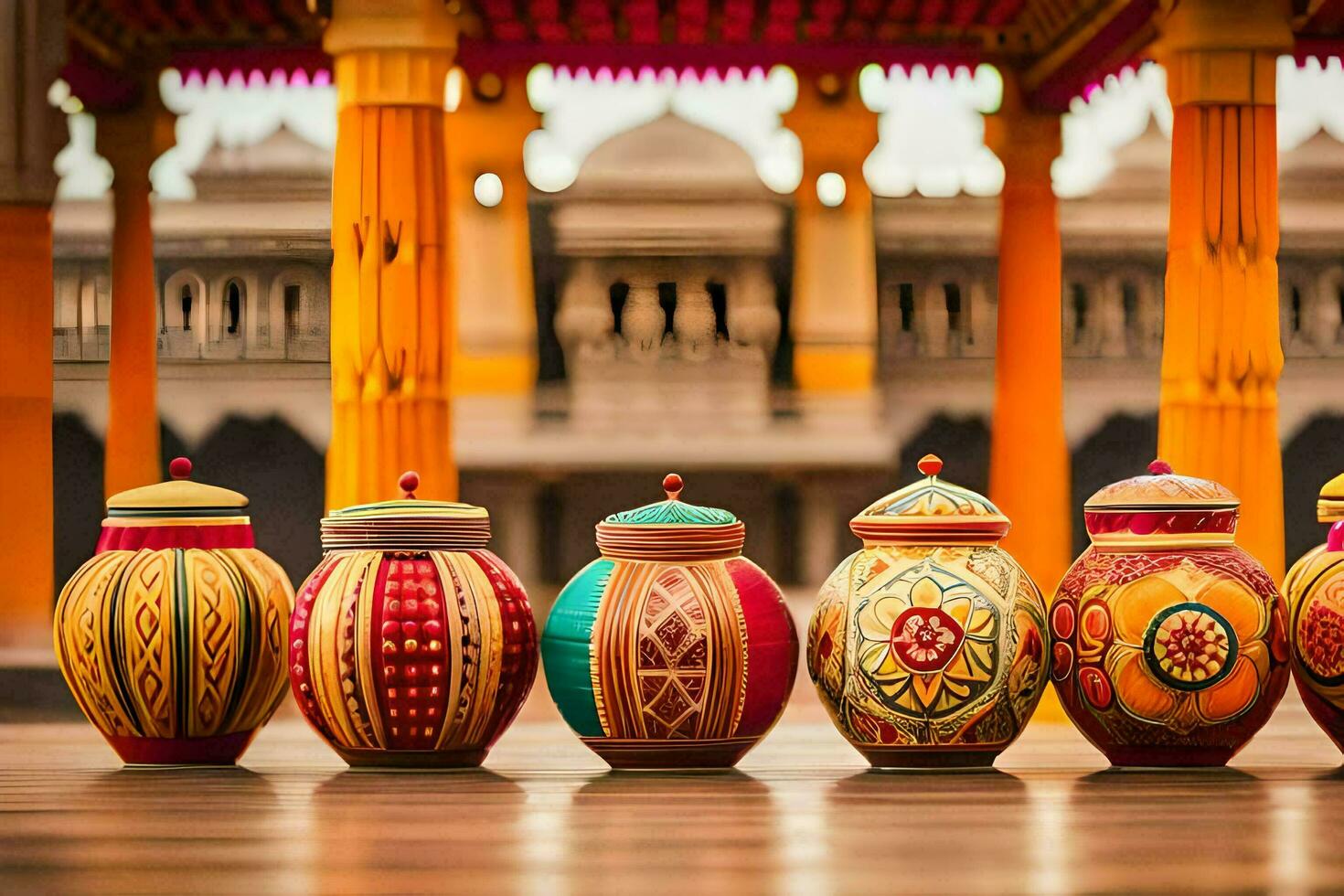 colorful pots lined up in front of a building. AI-Generated photo