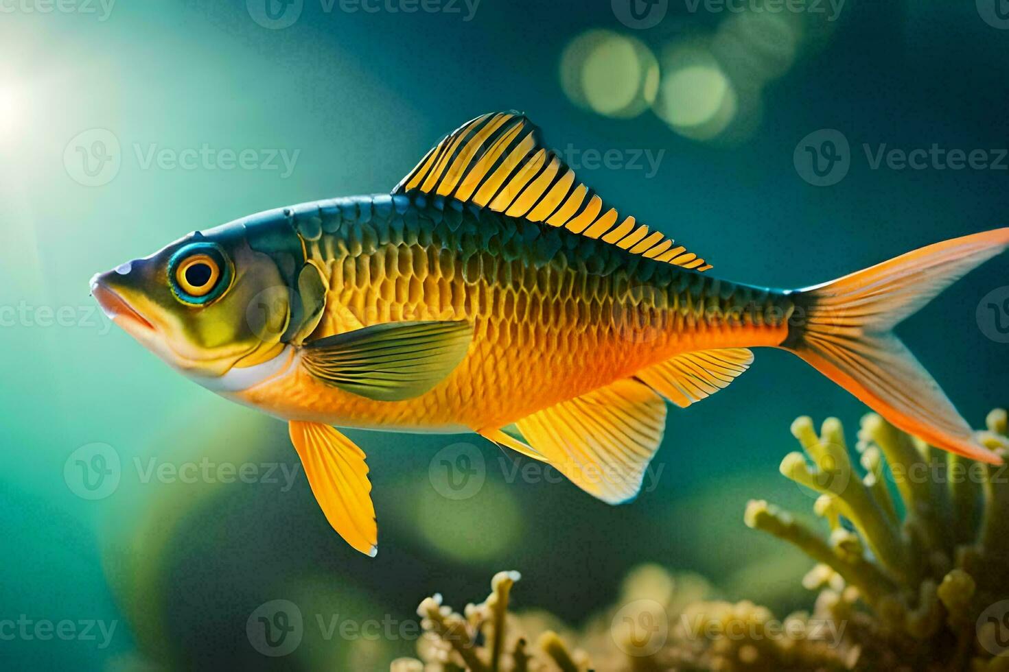 a fish swimming in the ocean with sunlight shining on it. AI-Generated photo