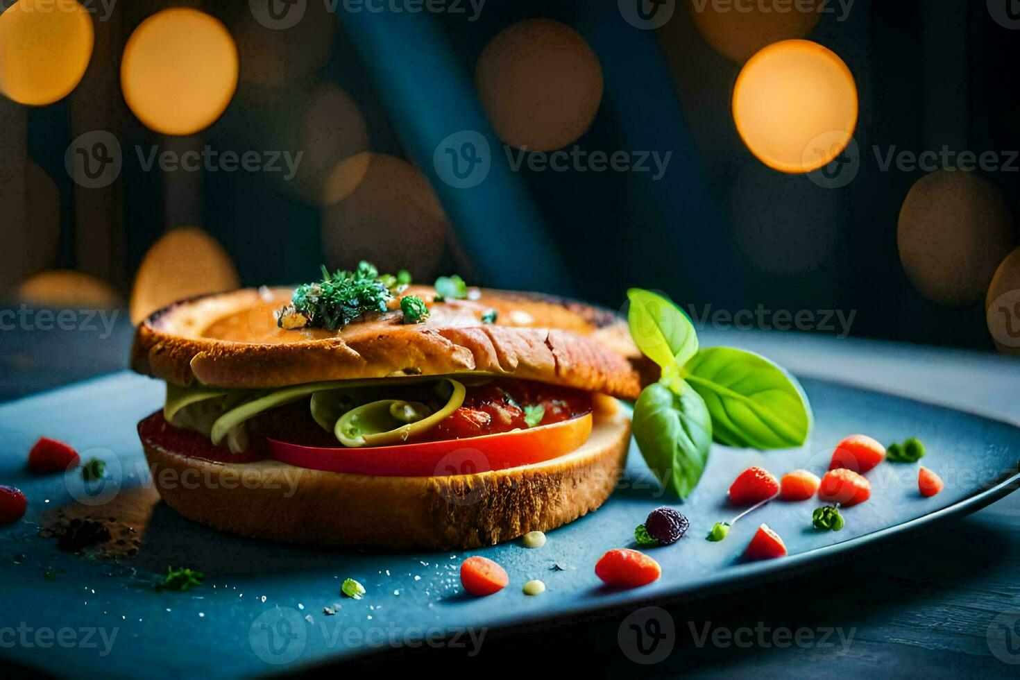 un emparedado con Tomates y albahaca en un lámina. generado por ai foto