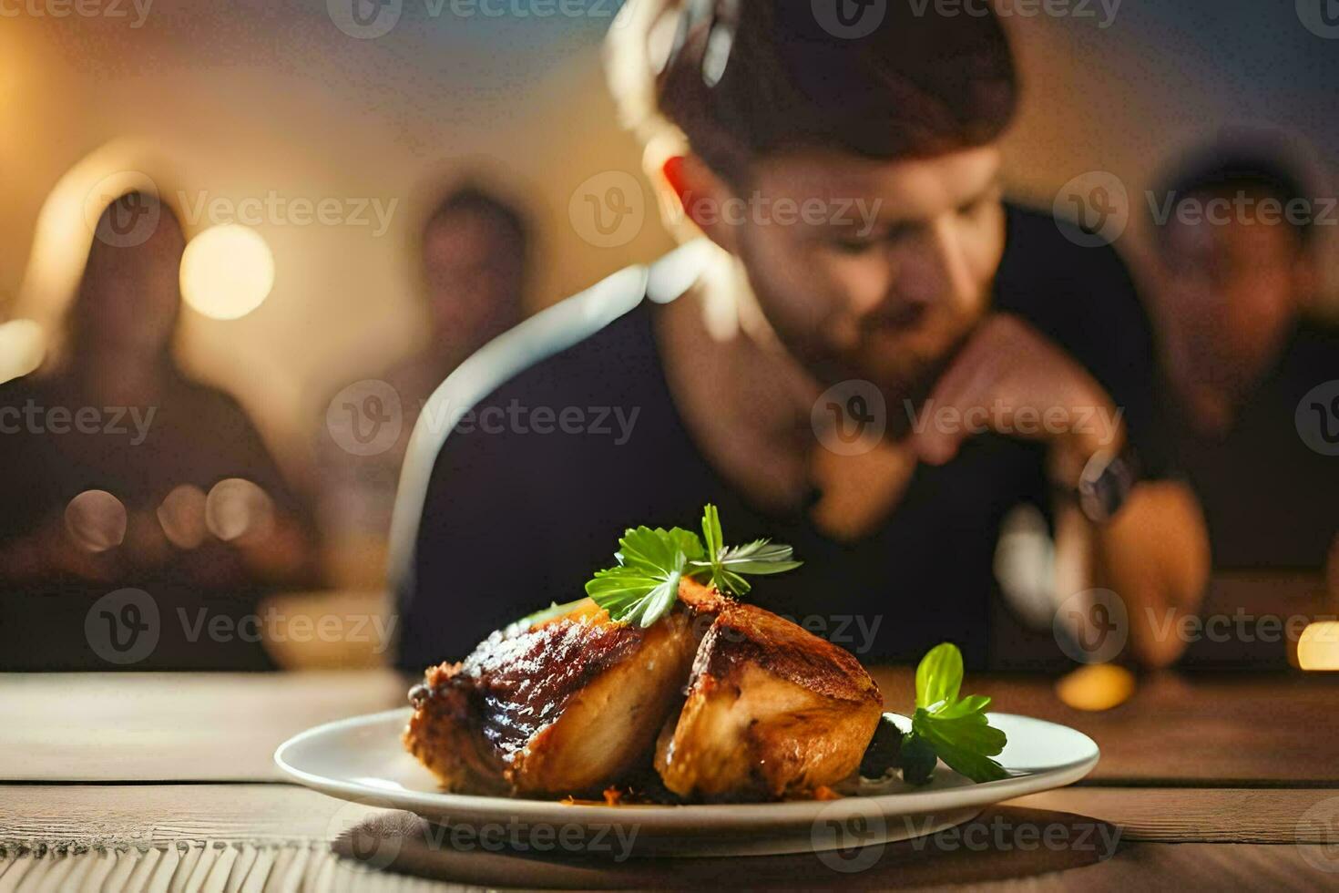 a man is looking at a plate of food. AI-Generated photo