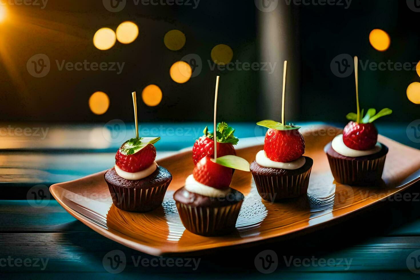 chocolate cupcakes with strawberries on a wooden plate. AI-Generated photo