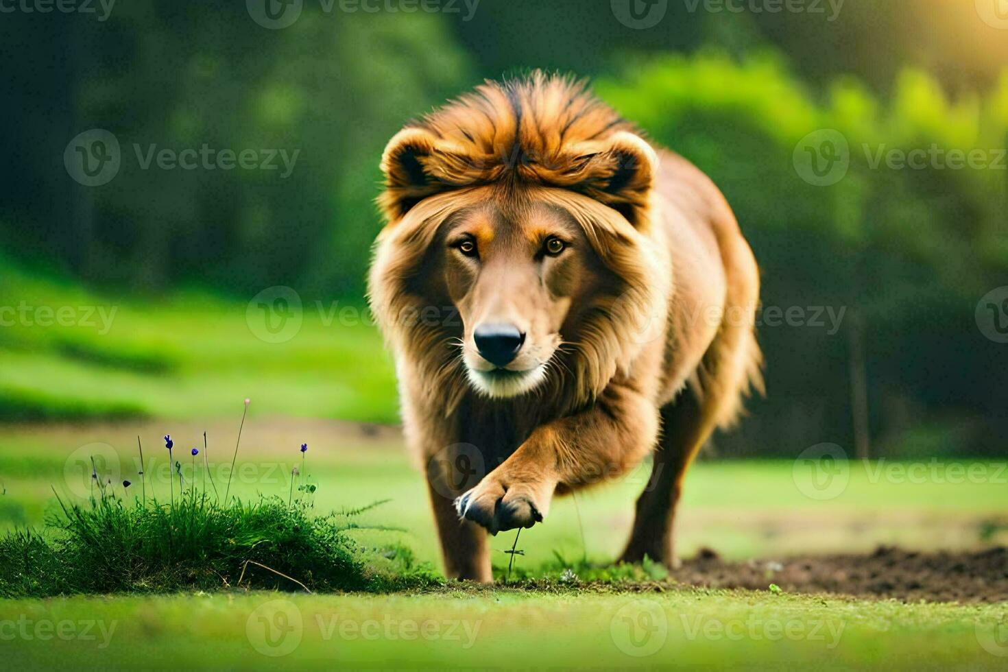 a lion walking across a field with grass and trees. AI-Generated photo