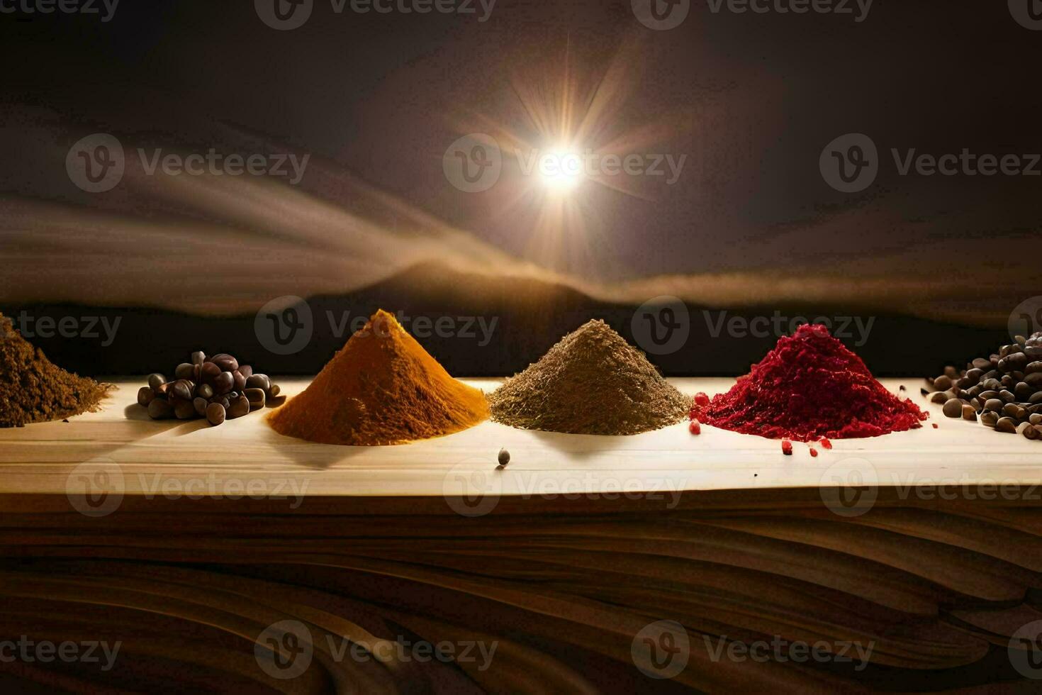 spices on a wooden table with a sun in the background. AI-Generated photo