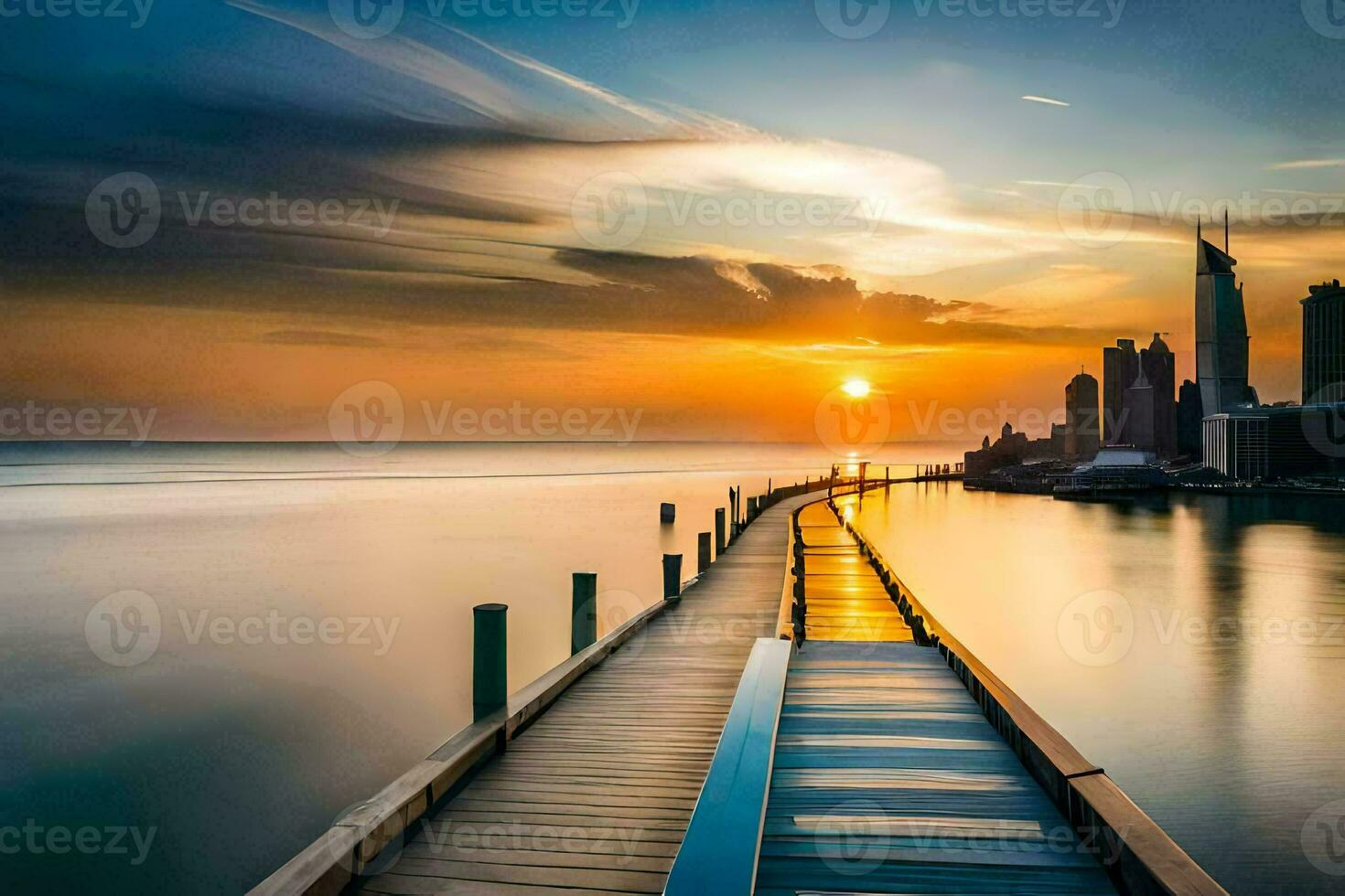 a long exposure photograph of a dock in the middle of a city. AI-Generated photo