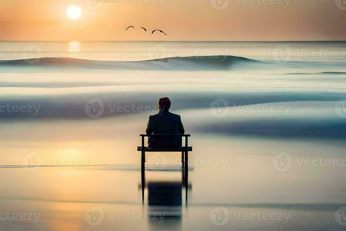 a man sits on a bench in the ocean at sunset. AI-Generated photo