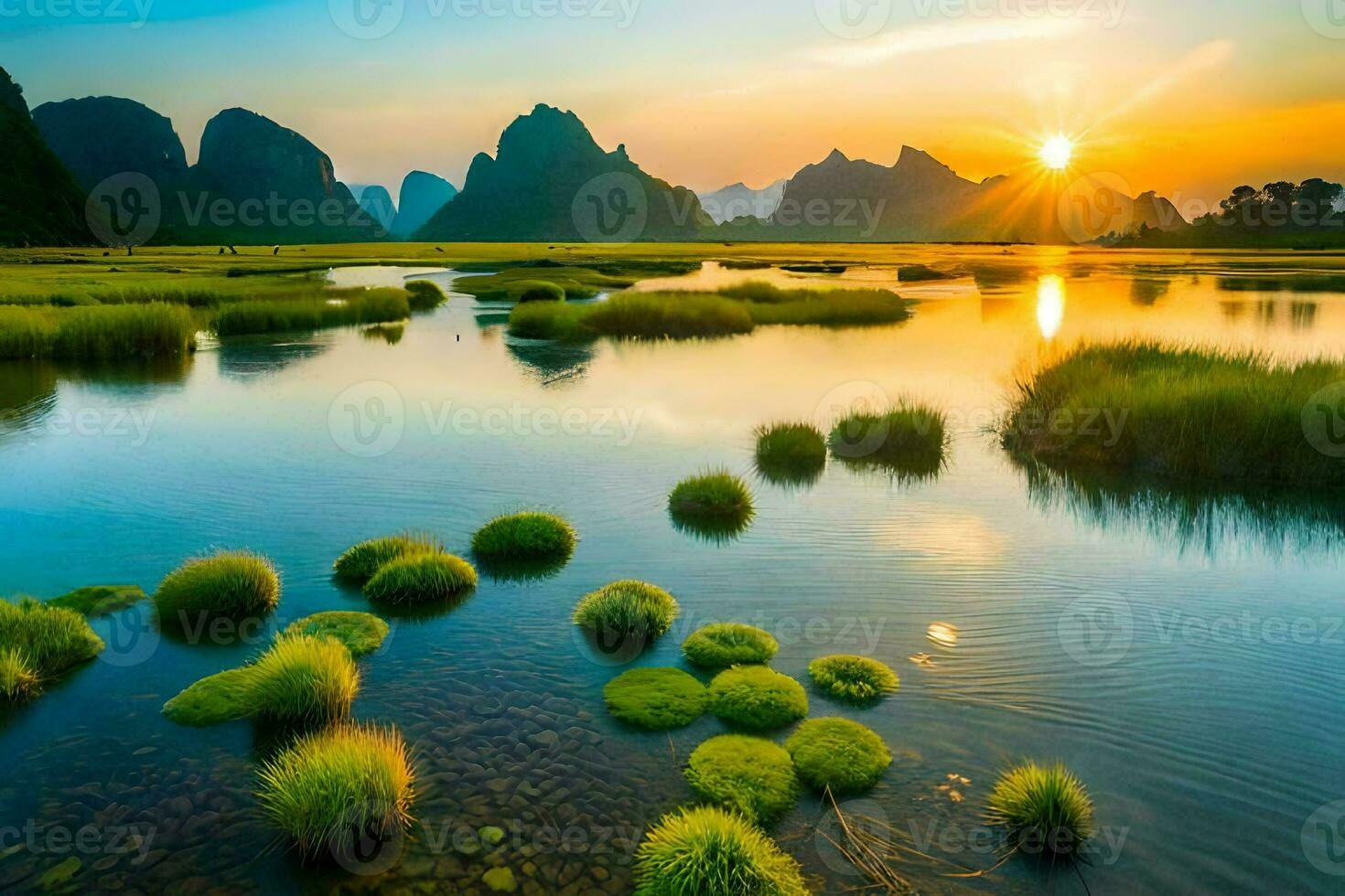 the sun rises over the li river in china. AI-Generated photo