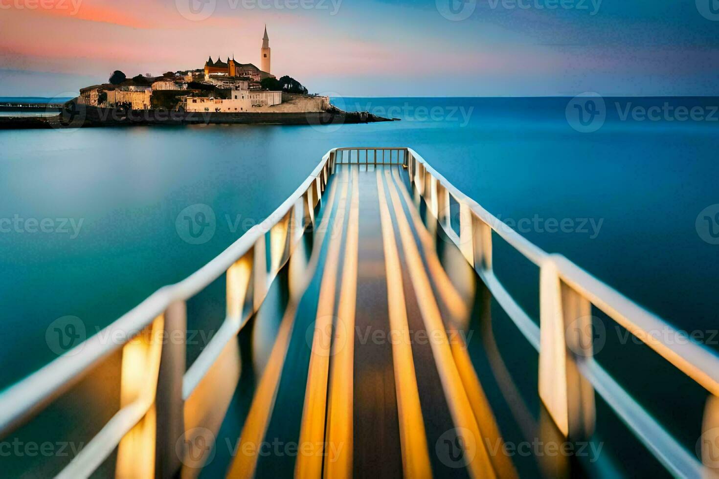 a long exposure photo of a bridge over the water. AI-Generated