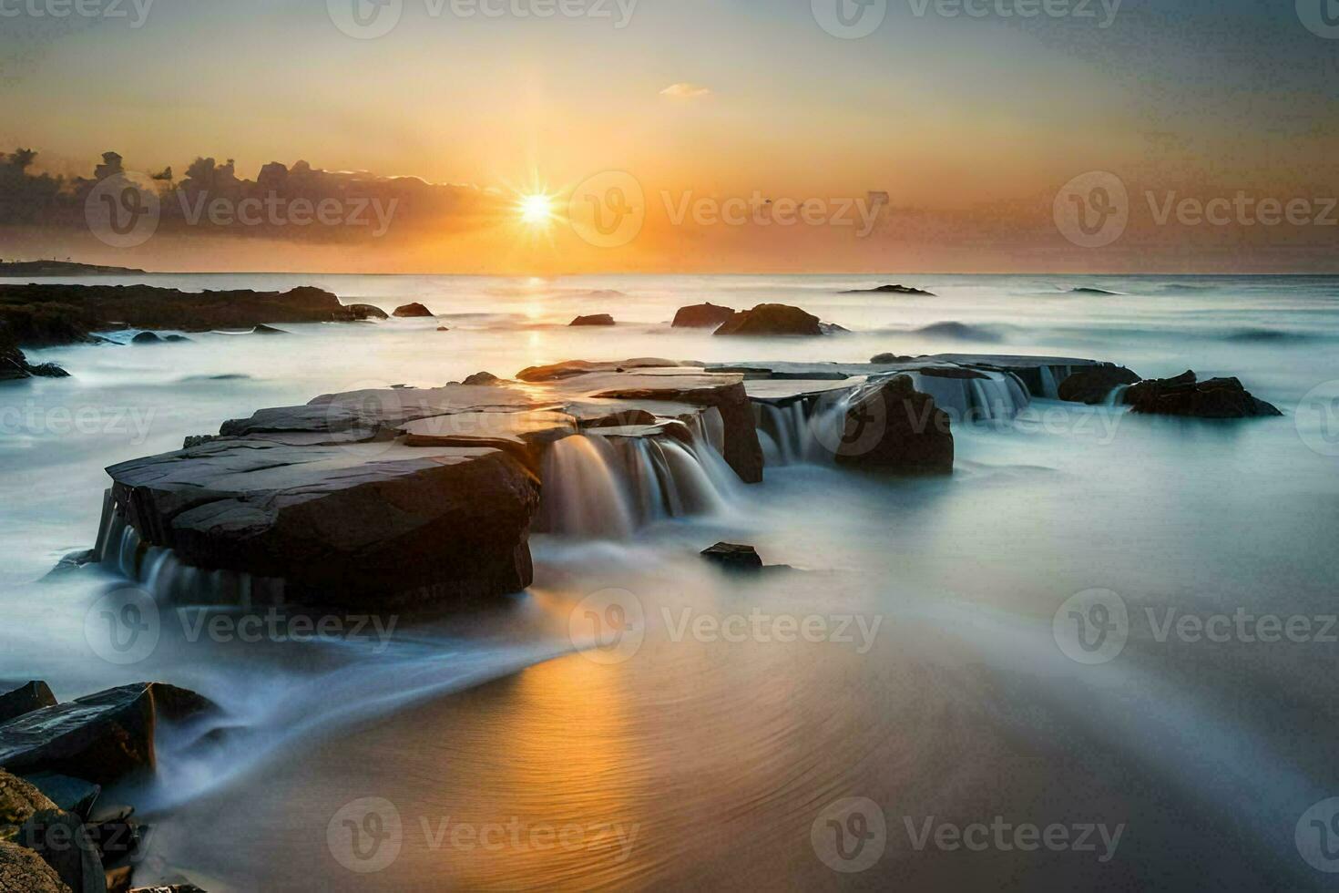 the sun rises over the ocean and rocks in the water. AI-Generated photo
