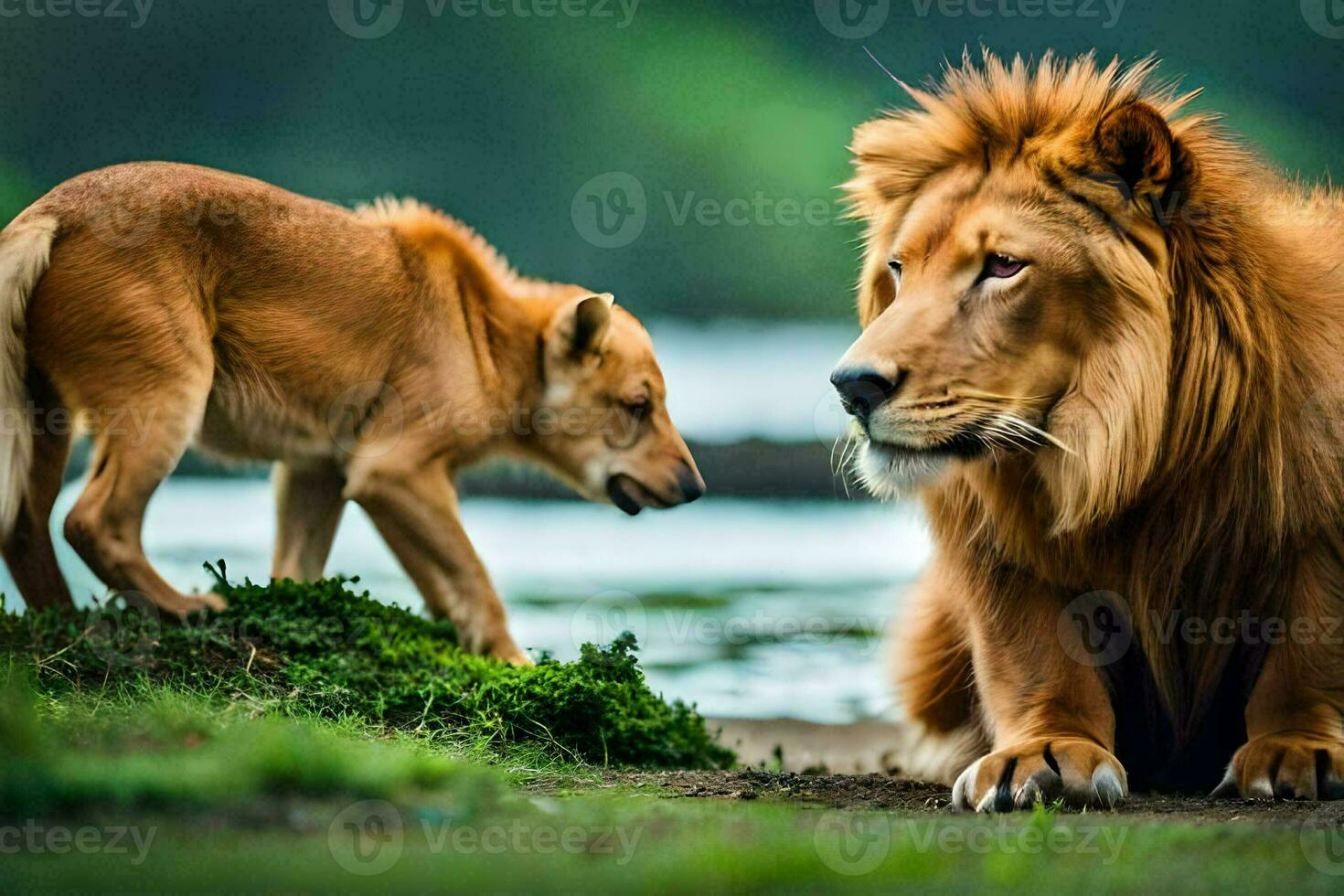 a lion and a cub are standing next to each other. AI-Generated photo