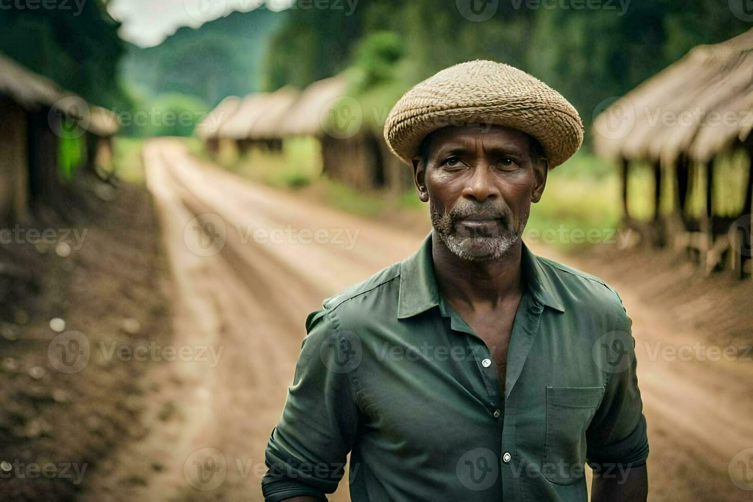 a man wearing a straw hat stands on a dirt road. AI-Generated photo