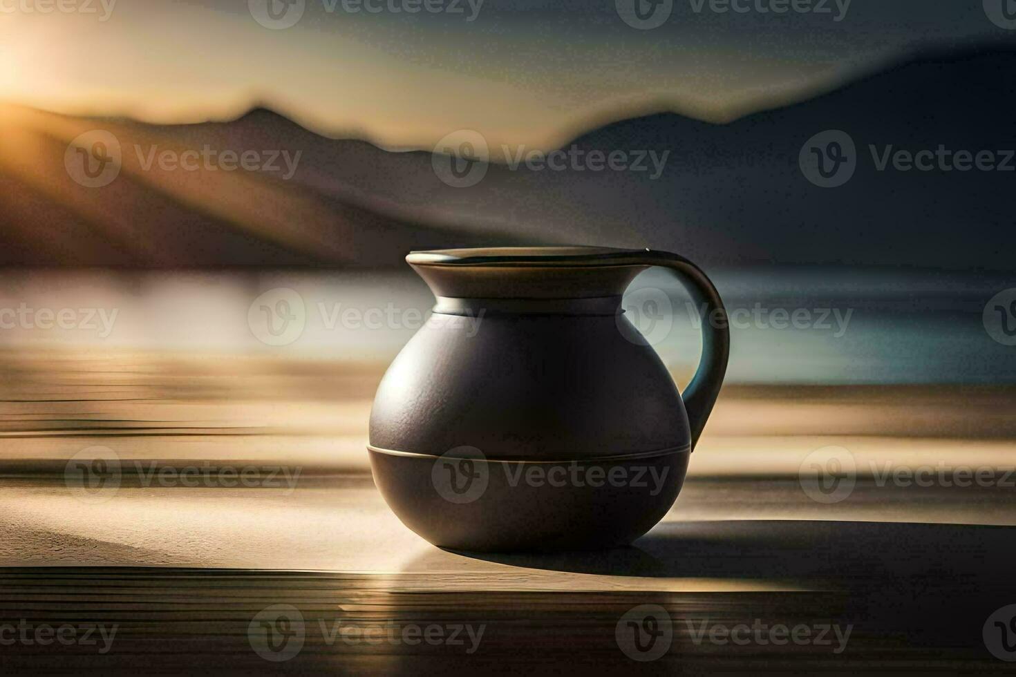 a black pitcher sitting on a wooden table in front of a lake. AI-Generated photo