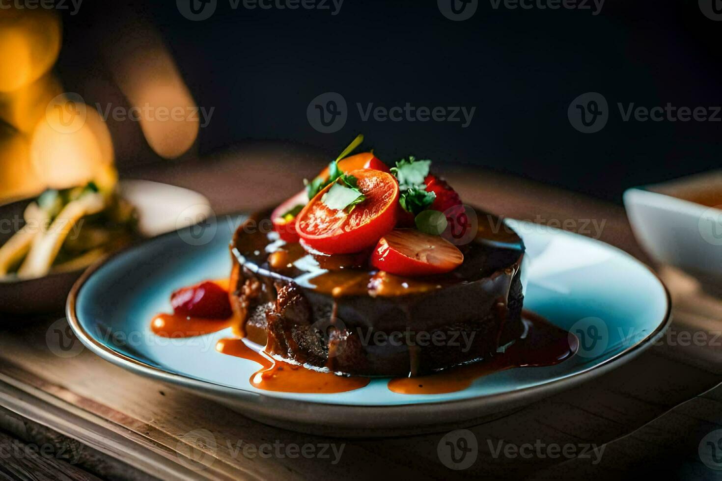 a dessert on a plate with strawberries and sauce. AI-Generated photo