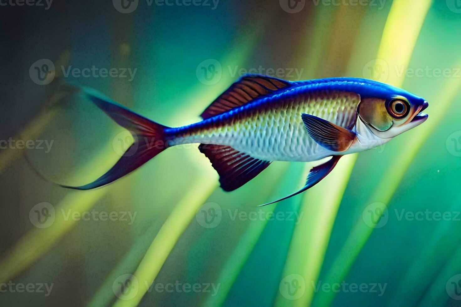 un pescado nadando en el agua con verde césped. generado por ai foto