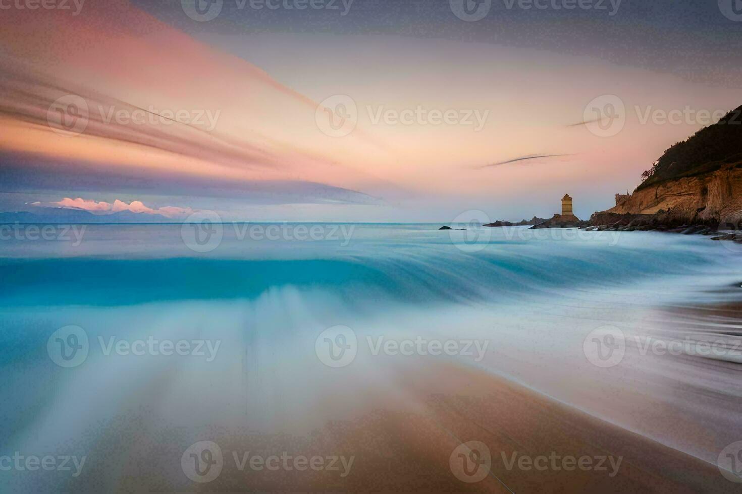 un largo exposición fotografía de olas estrellarse en el playa. generado por ai foto