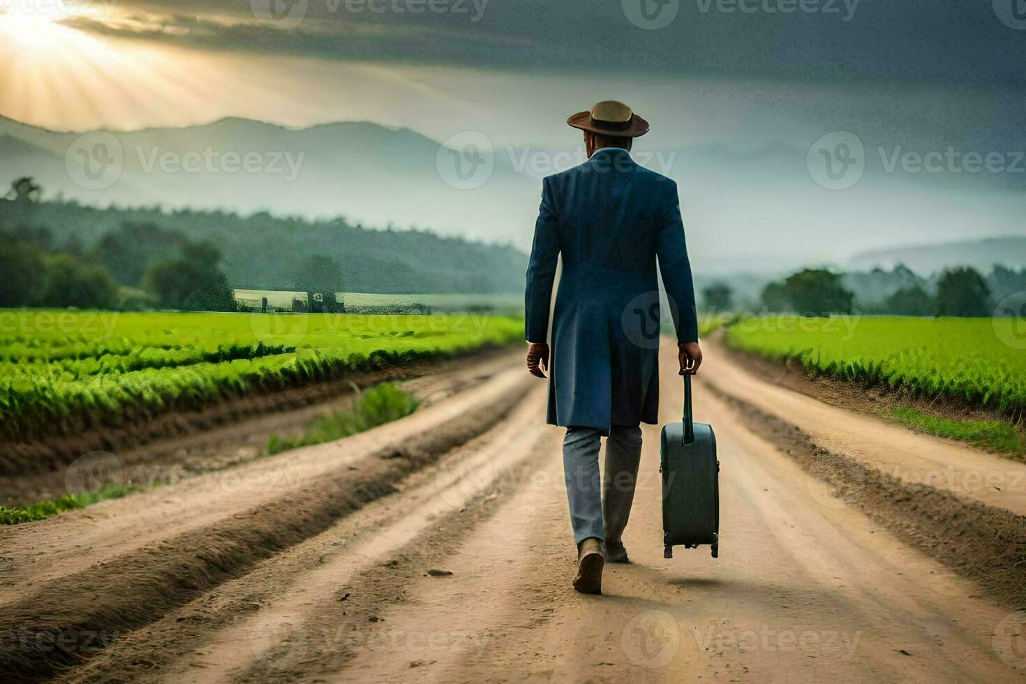 a man in a suit and hat walks down a dirt road with a suitcase. AI-Generated photo