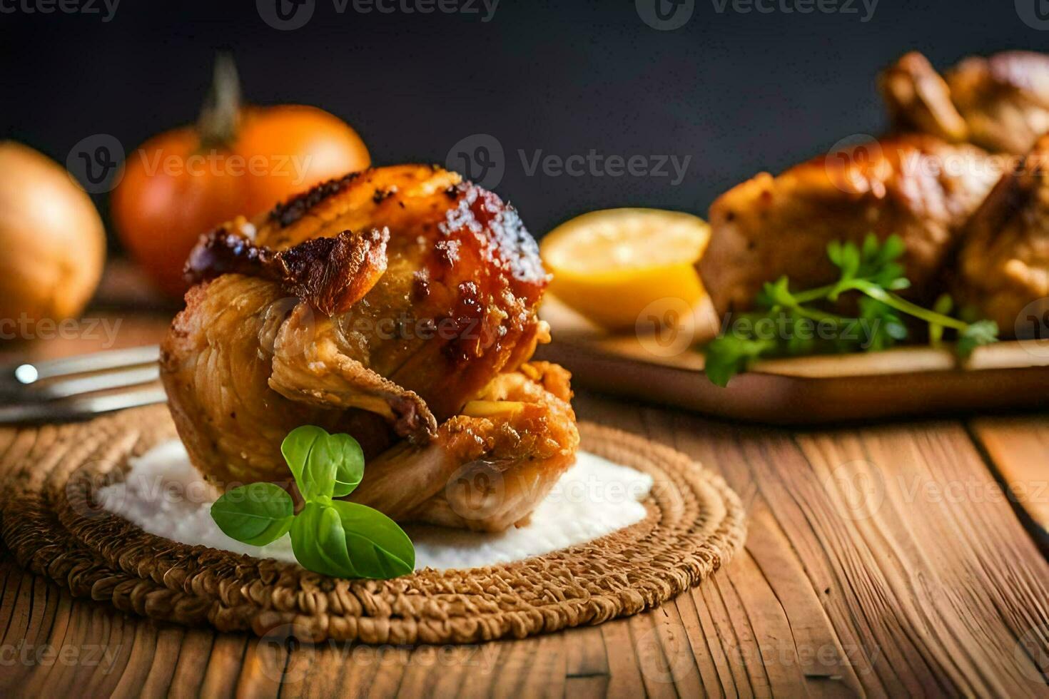 roasted chicken with lemon and herbs on a wooden table. AI-Generated photo