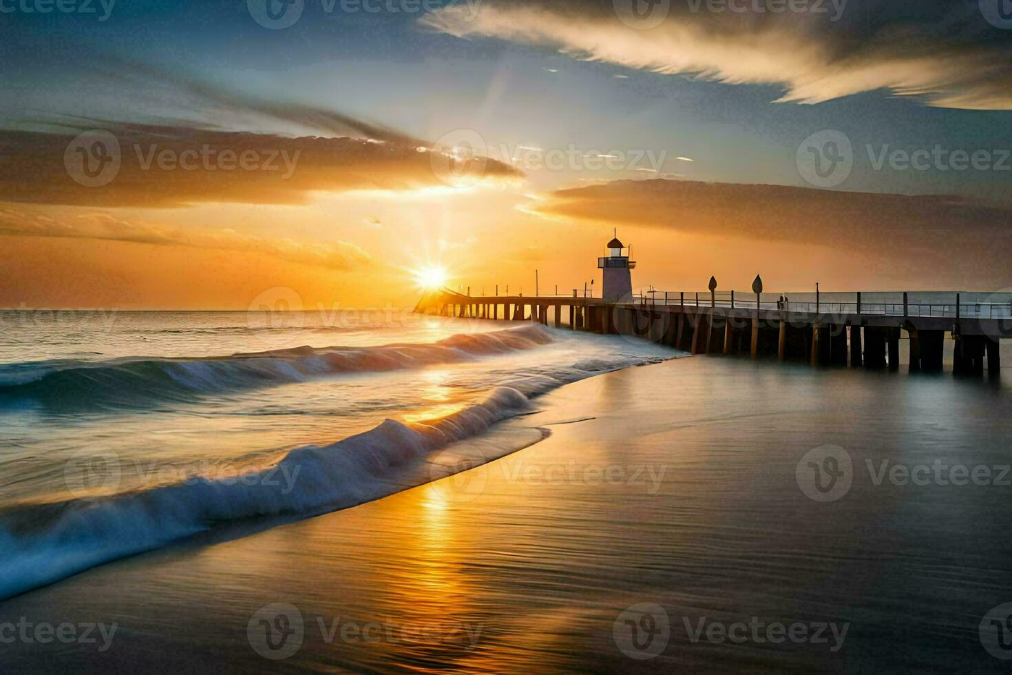 el Dom conjuntos terminado un muelle y ondas. generado por ai foto