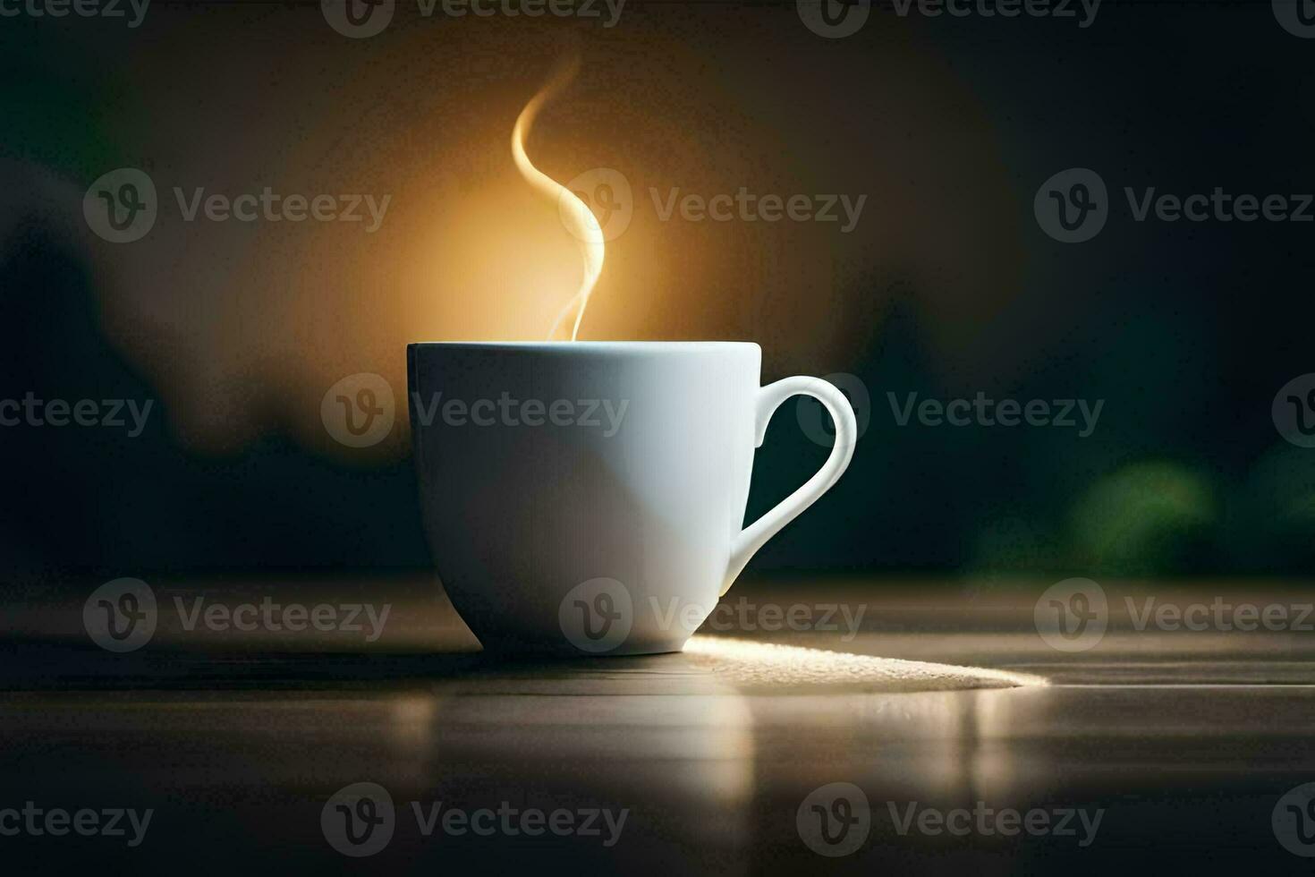 a cup of coffee on a table with a light coming from it. AI-Generated photo