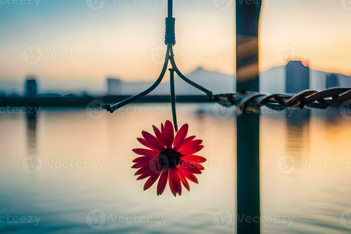 a red flower hanging from a chain by the water. AI-Generated photo