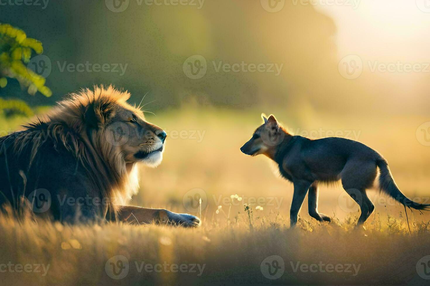 a lion and a dog in the field. AI-Generated photo