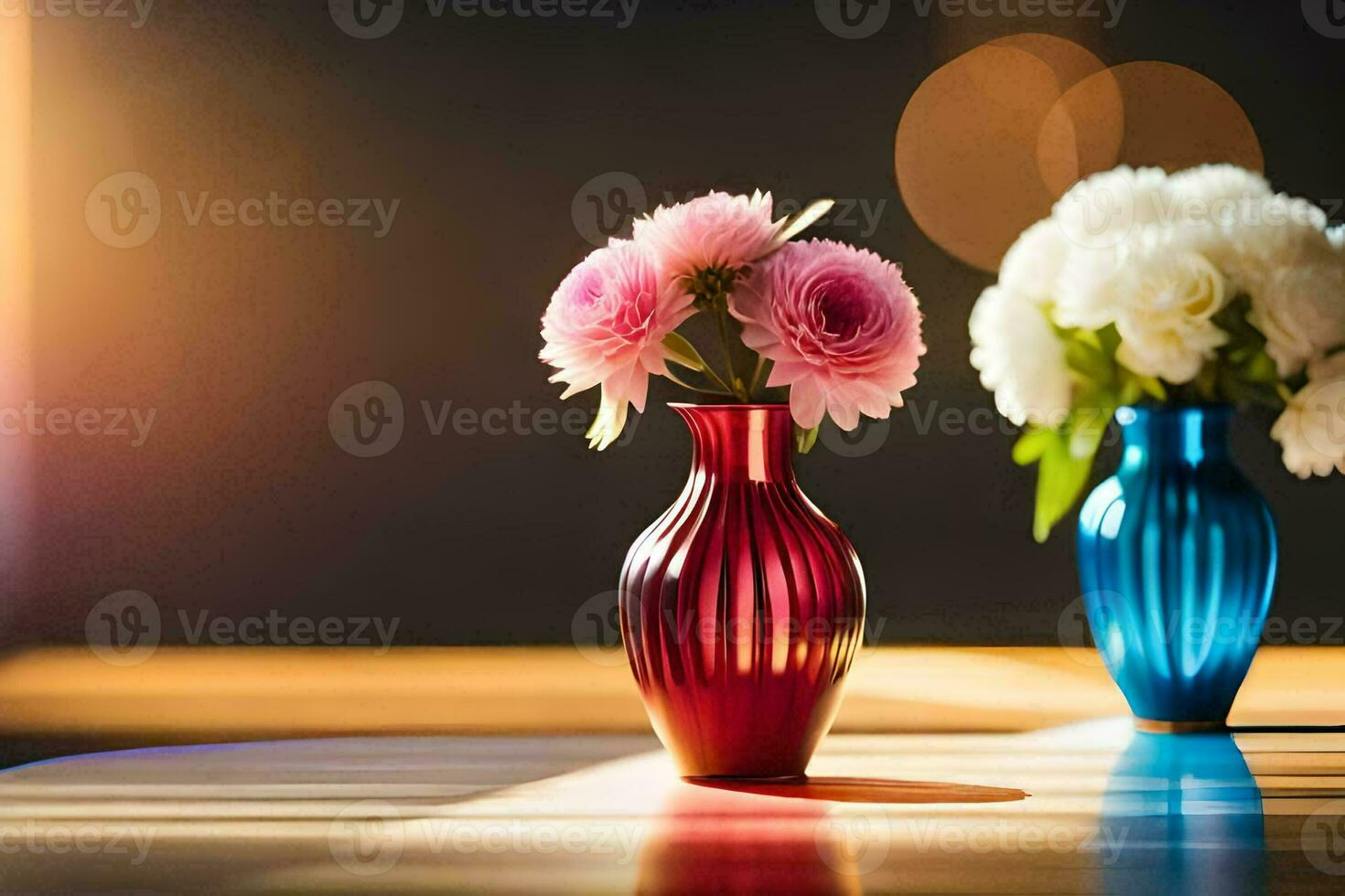 two vases with flowers on a table. AI-Generated photo