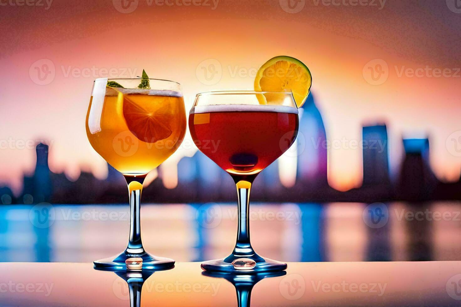 two glasses of drinks with a city skyline in the background. AI-Generated photo