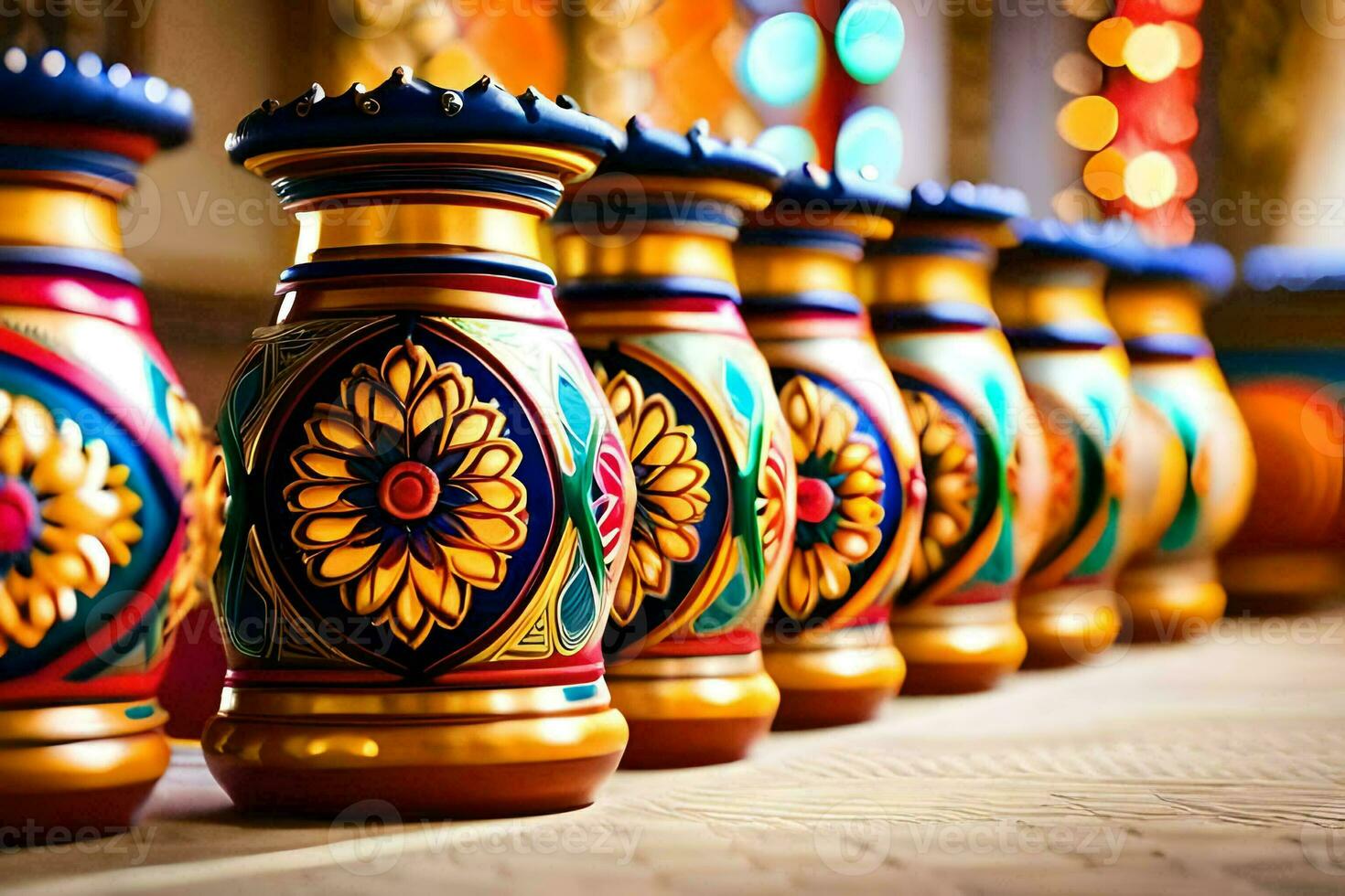 colorful vases lined up on a table. AI-Generated photo