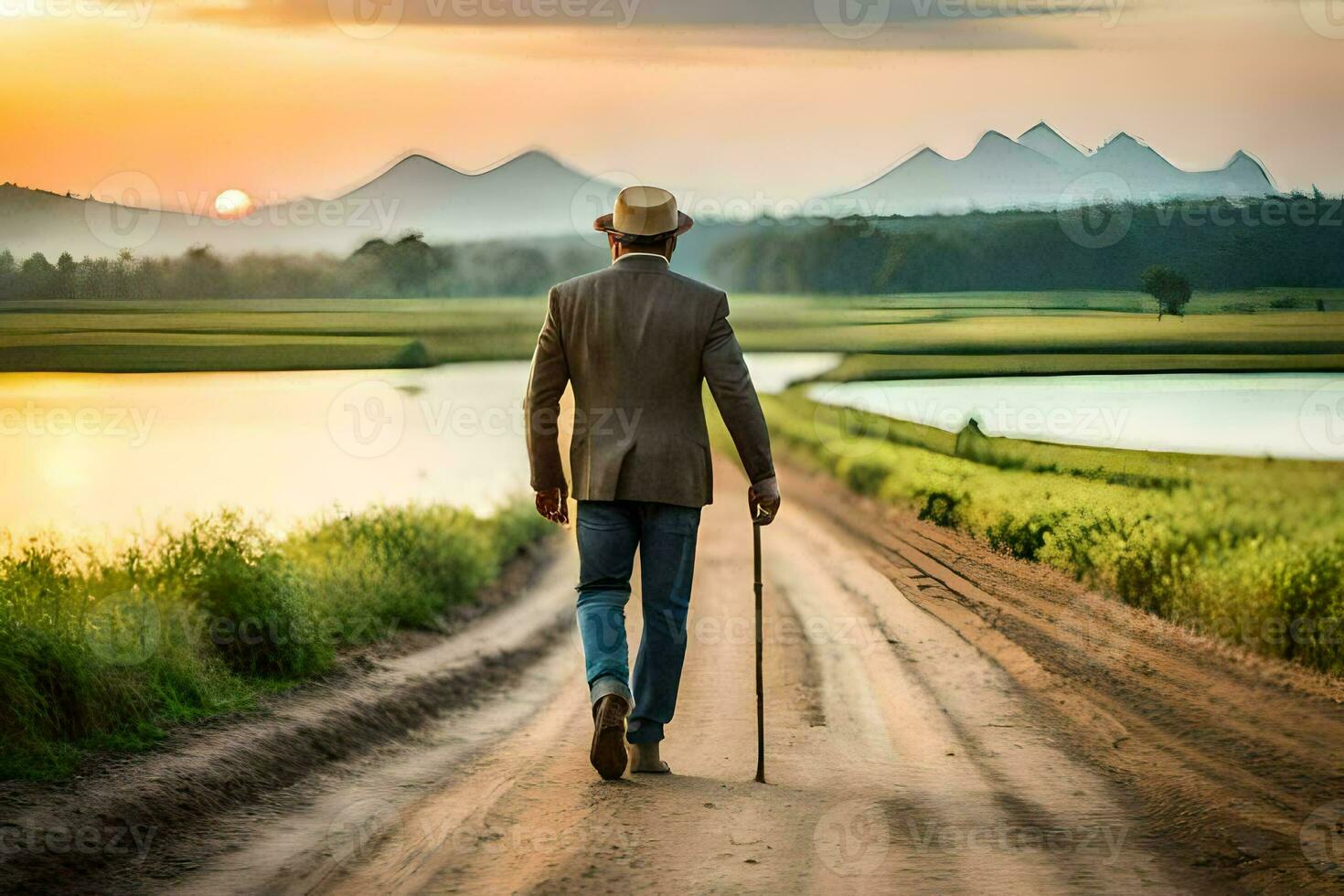 un hombre caminando abajo un suciedad la carretera con un caña. generado por ai foto