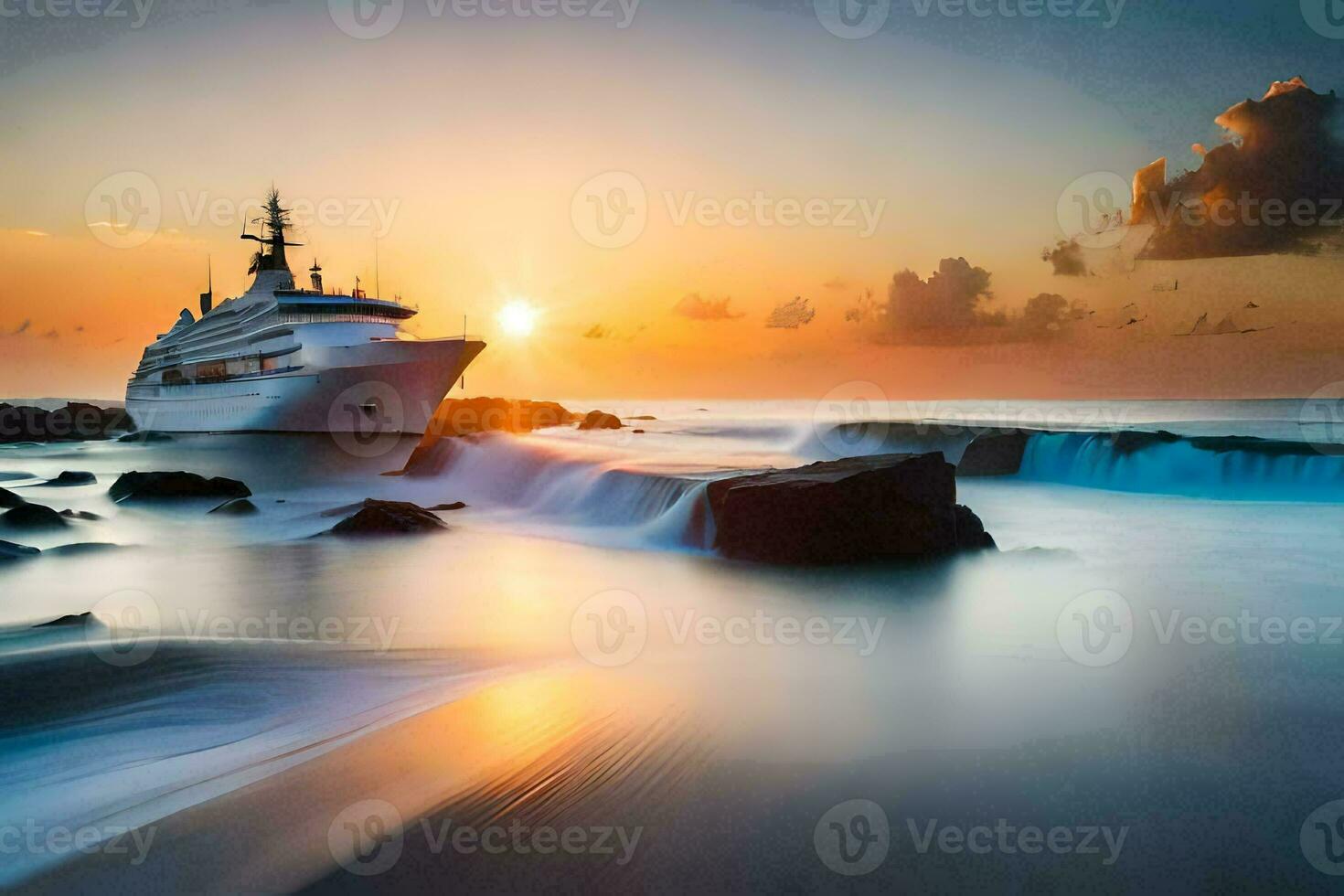 un crucero Embarcacion en el Oceano a puesta de sol. generado por ai foto