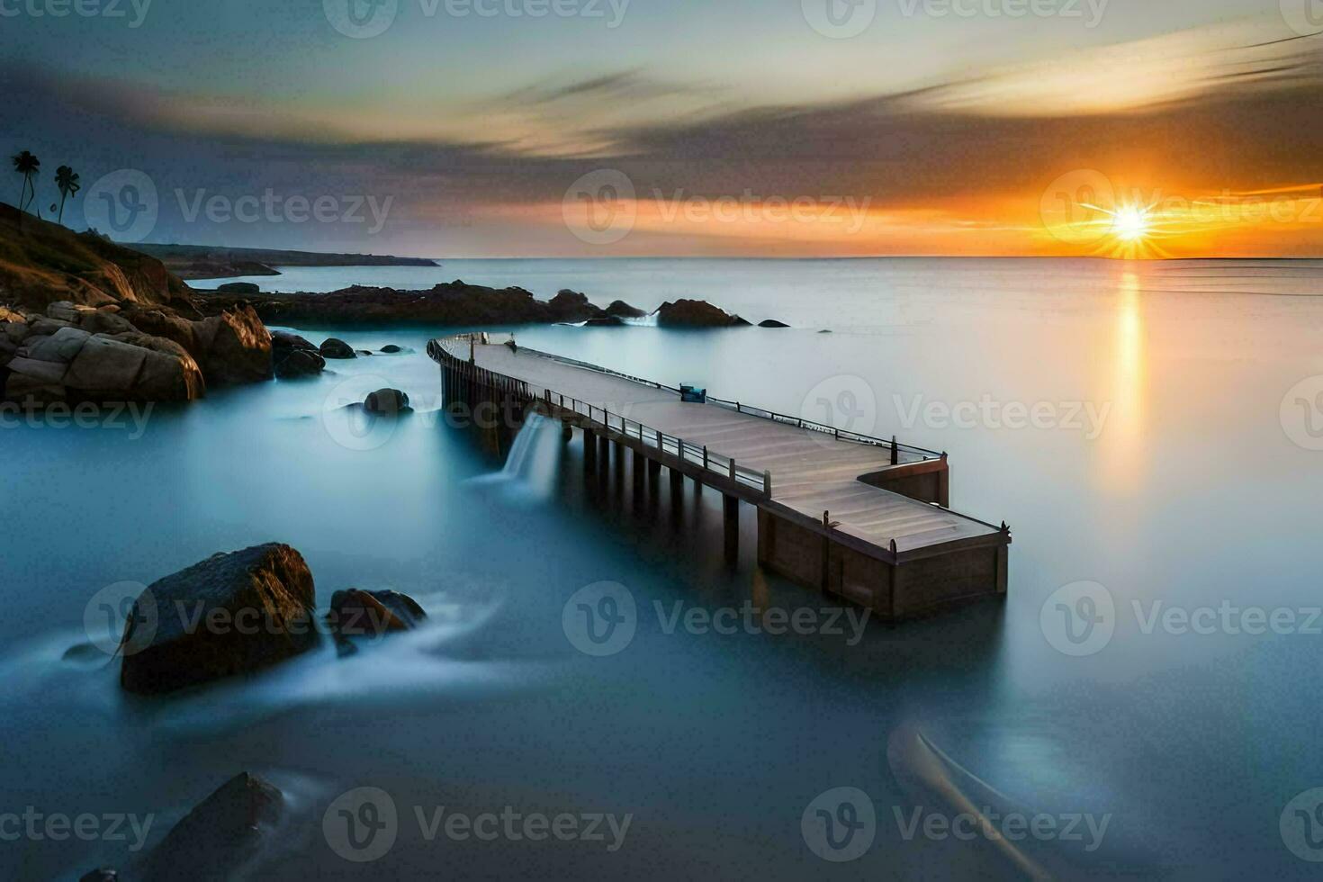 a long exposure photo of a pier in the ocean. AI-Generated