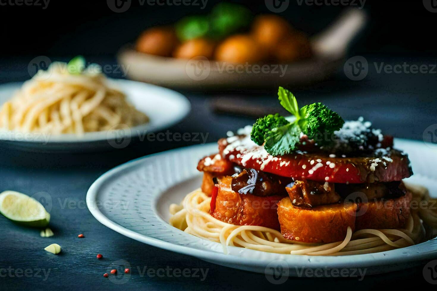 a plate of spaghetti with meat and vegetables. AI-Generated photo