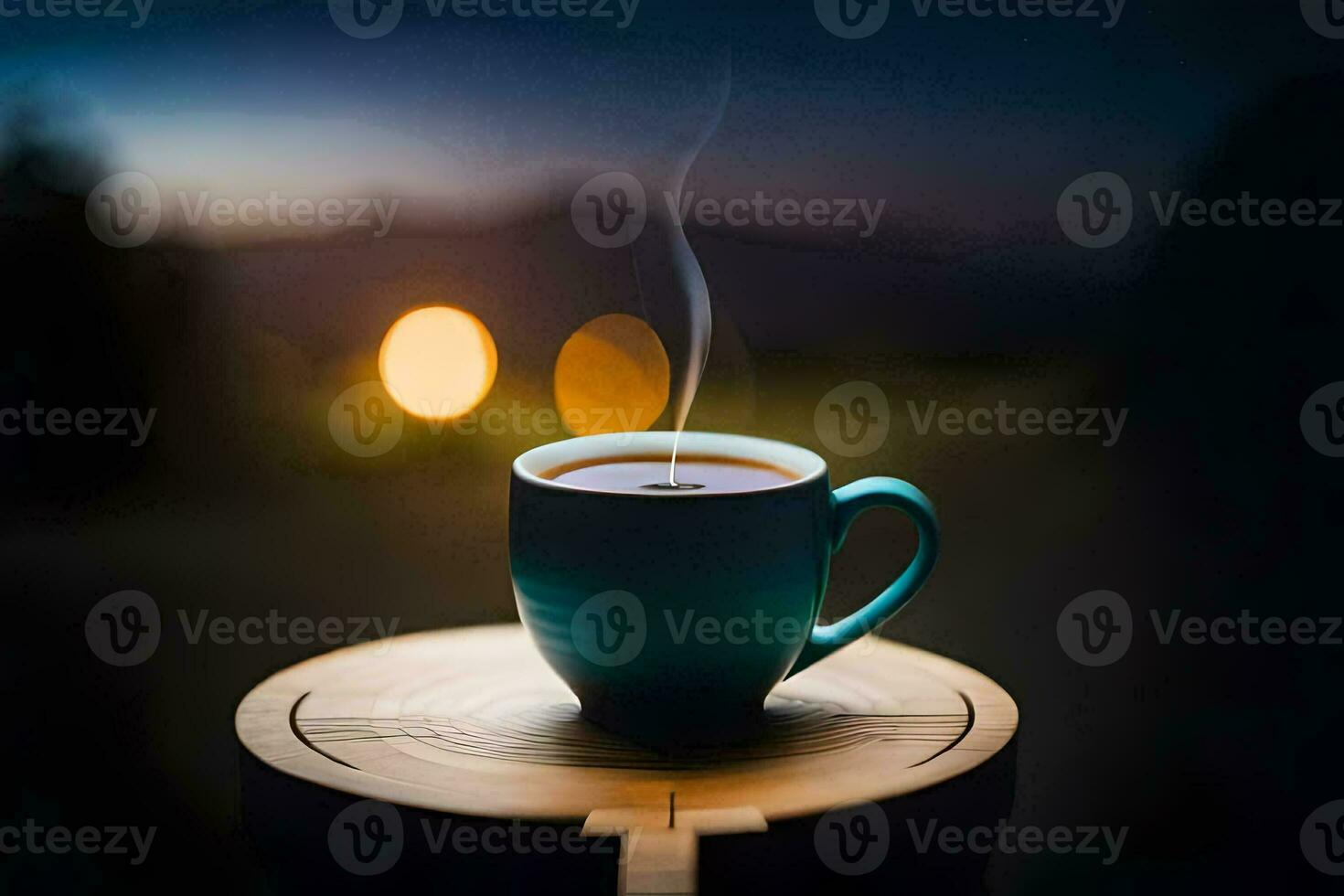 a cup of coffee on a wooden table in the dark. AI-Generated photo