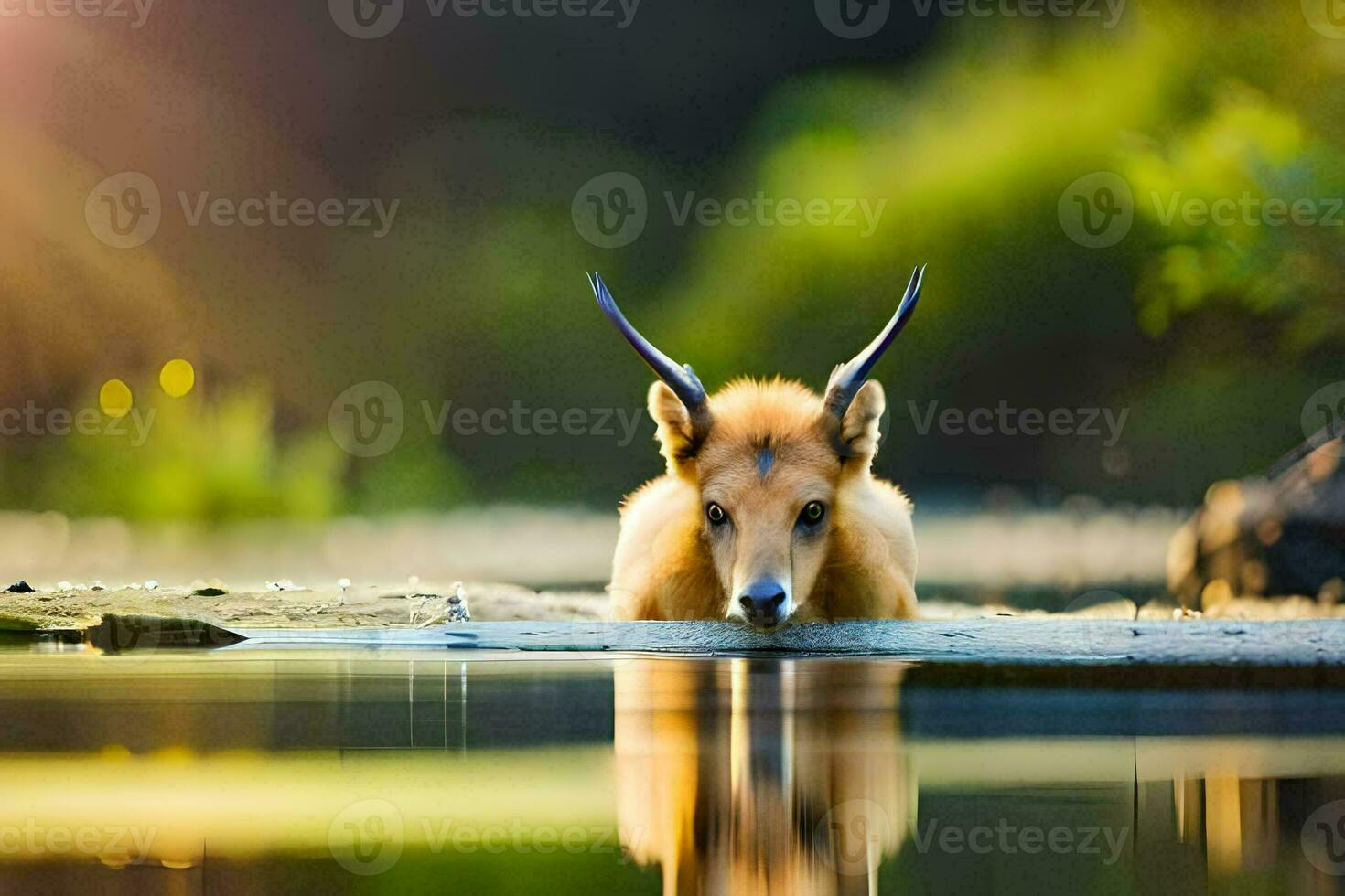 a deer is standing in the water with its head down. AI-Generated photo