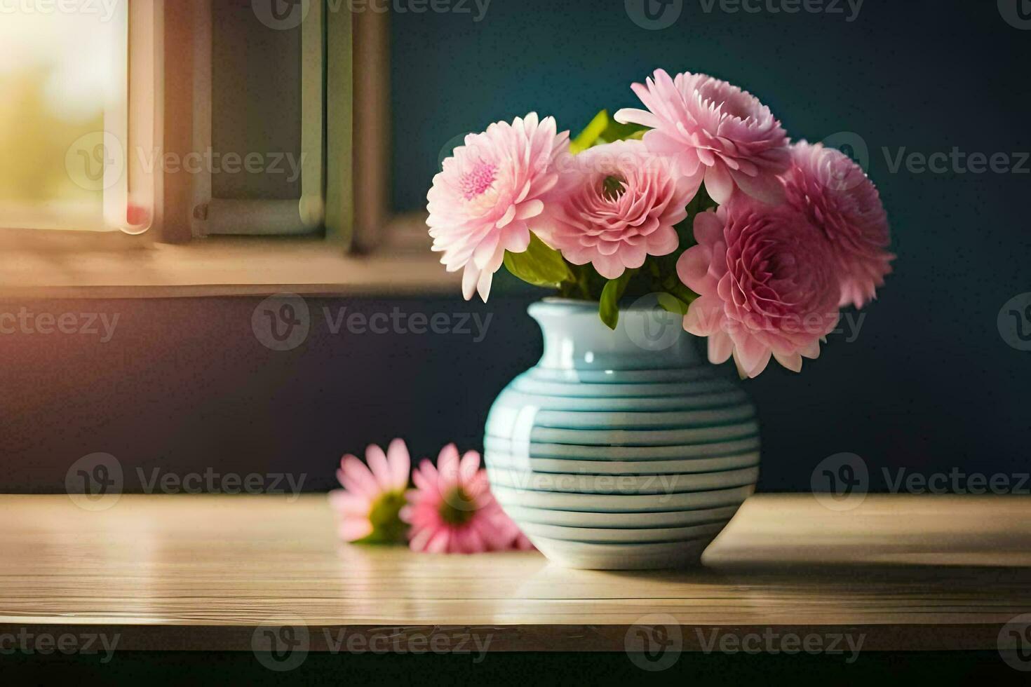 pink flowers in a vase on a table near a window. AI-Generated photo