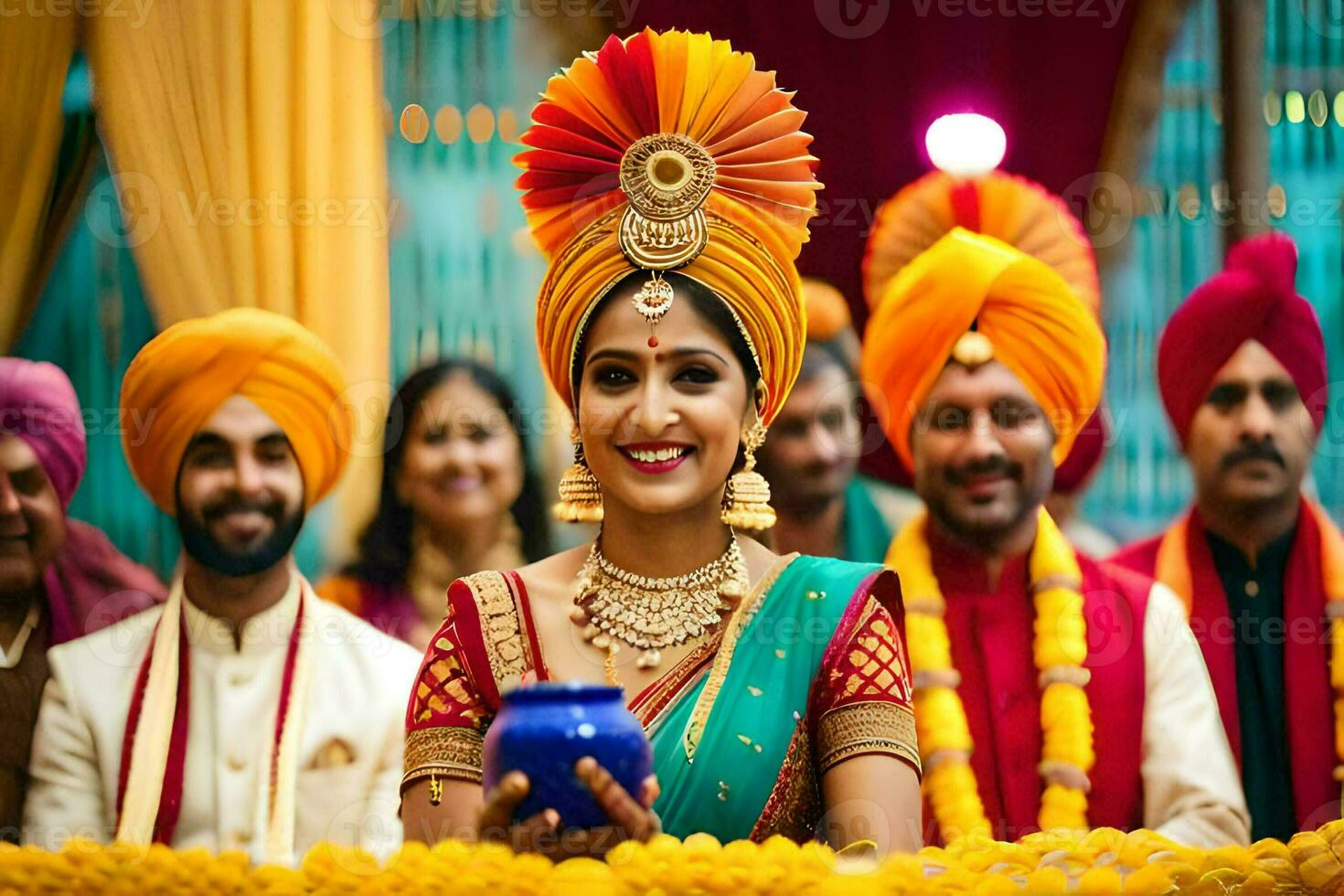 un novia y novio en tradicional indio atuendo. generado por ai foto