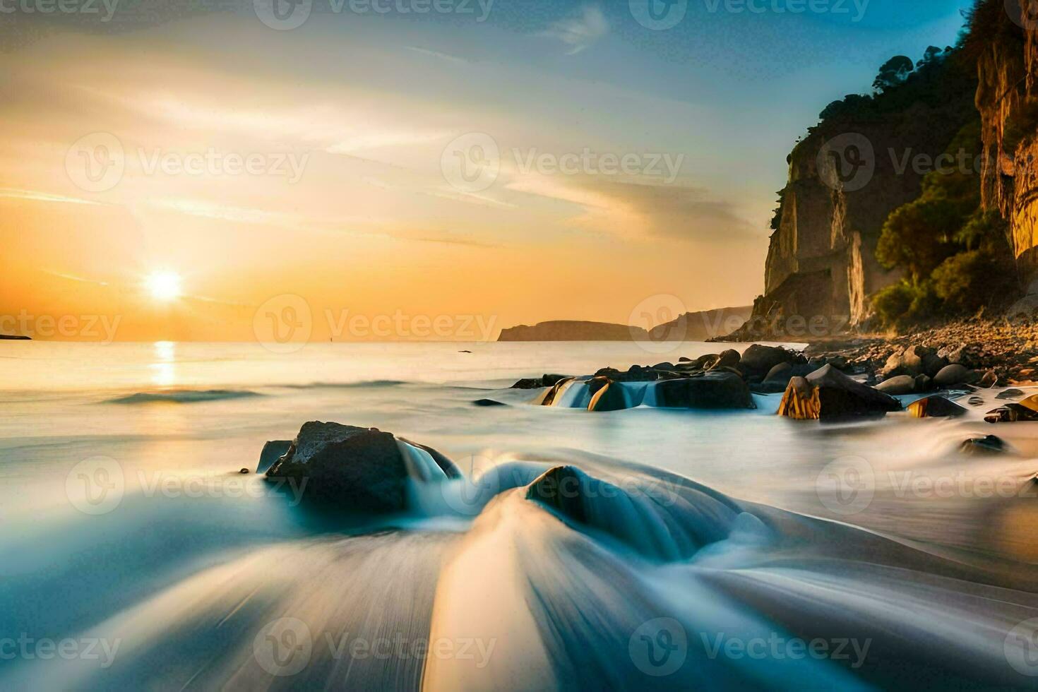 a beautiful sunset over the ocean with waves crashing against rocks. AI-Generated photo