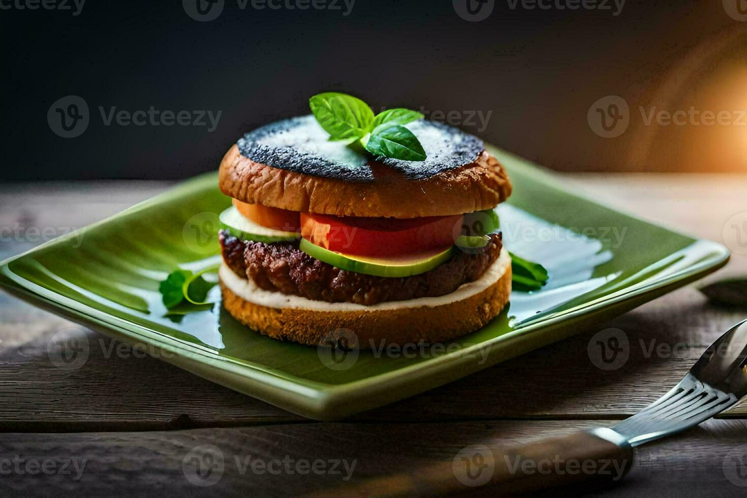 a hamburger on a plate with a fork and knife. AI-Generated photo