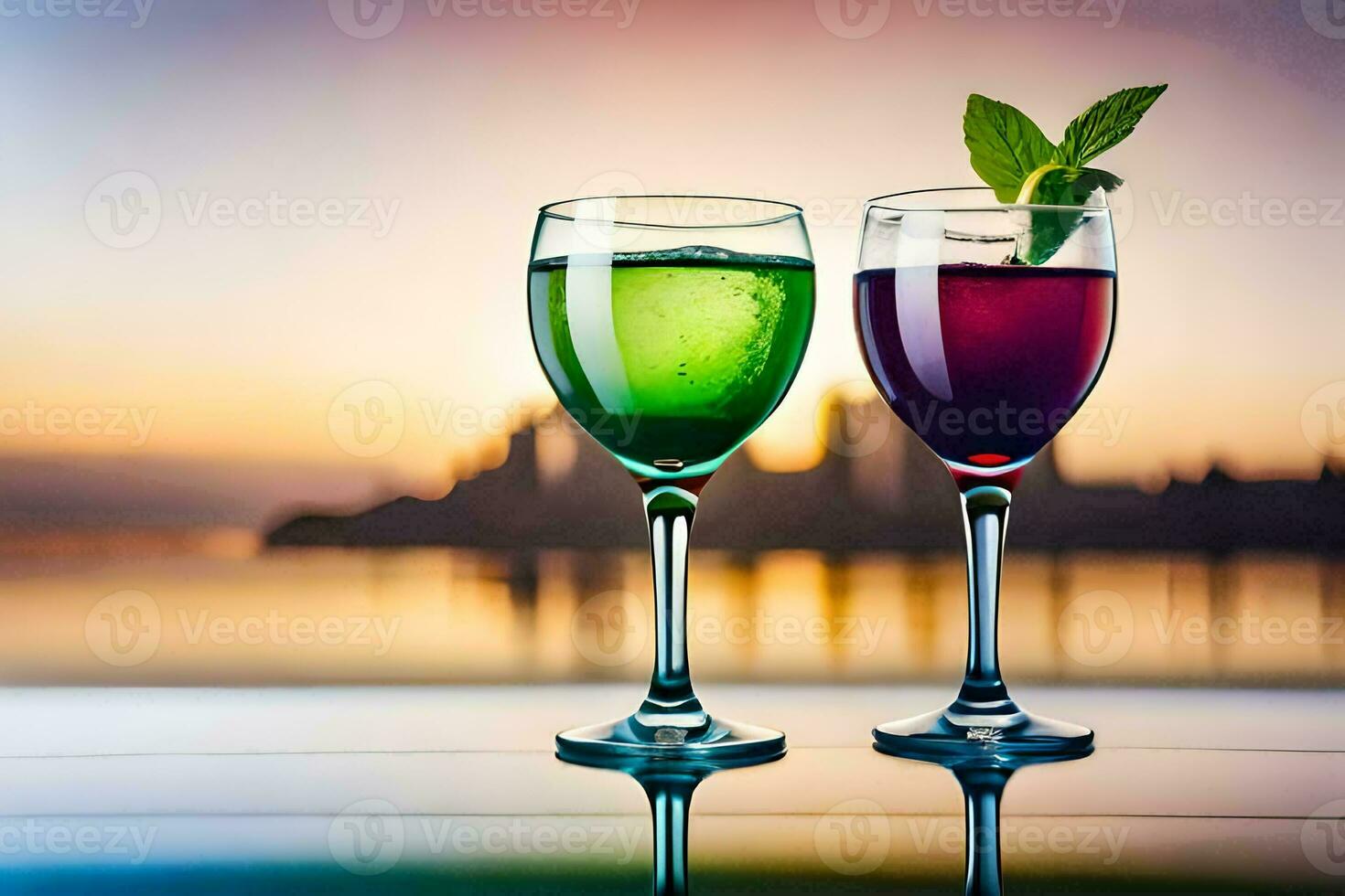 two glasses of colorful drinks with a sunset in the background. AI-Generated photo