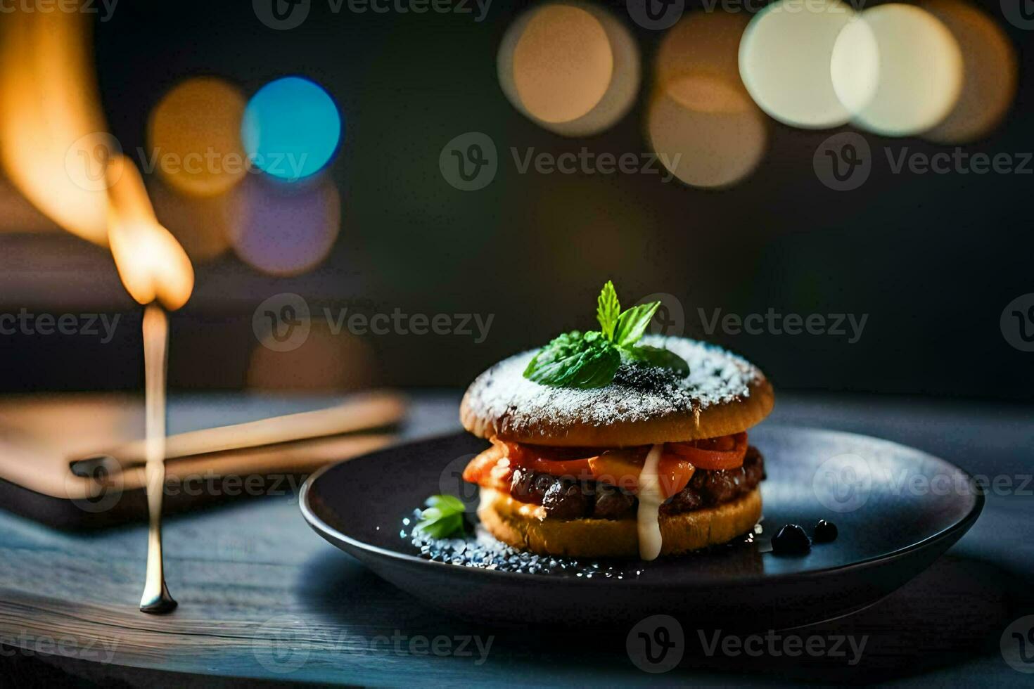 a burger on a plate with a lit candle. AI-Generated photo